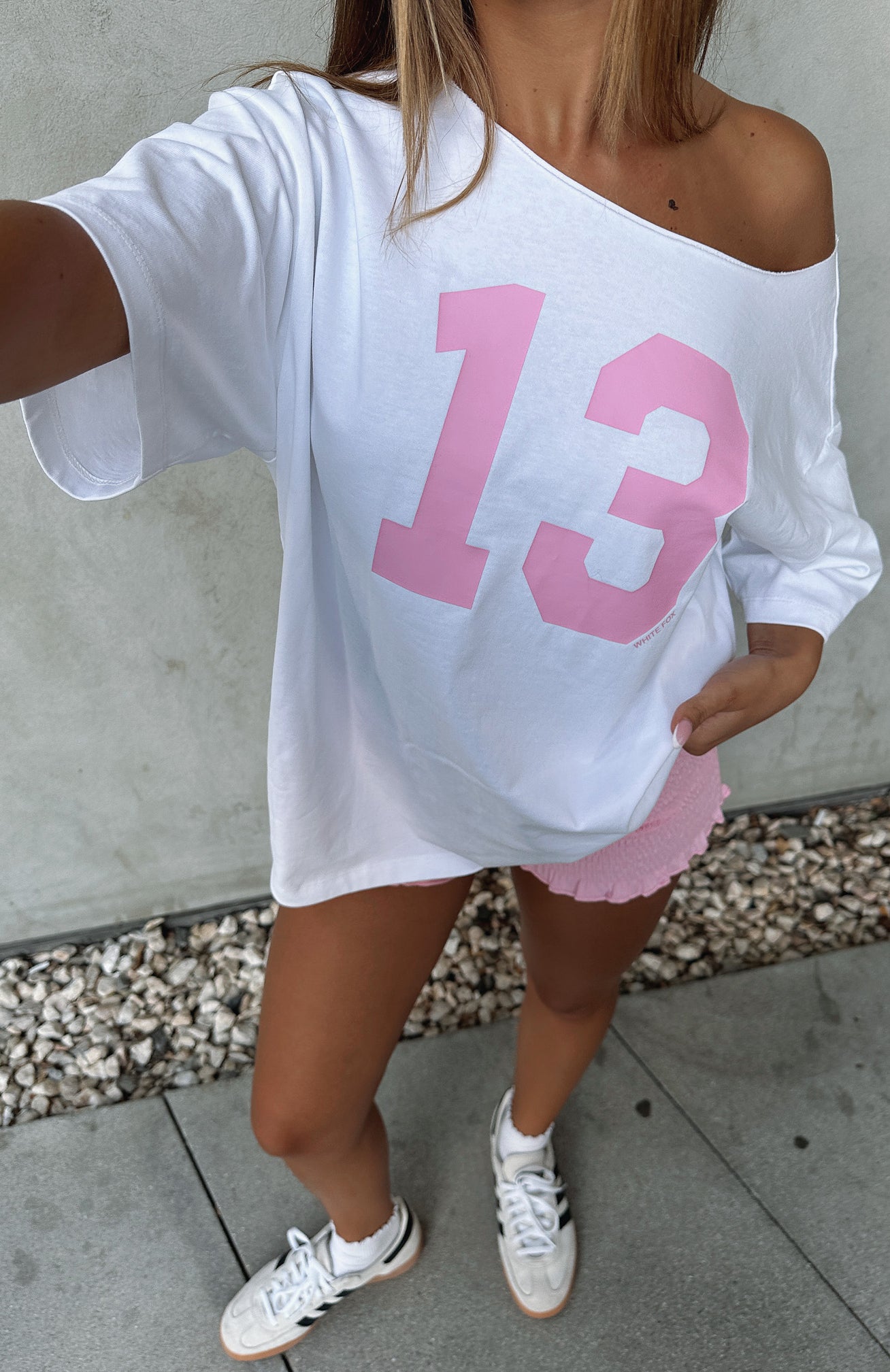 Women's Off Shoulder Oversized Cotton Tee - White Athleisure Top