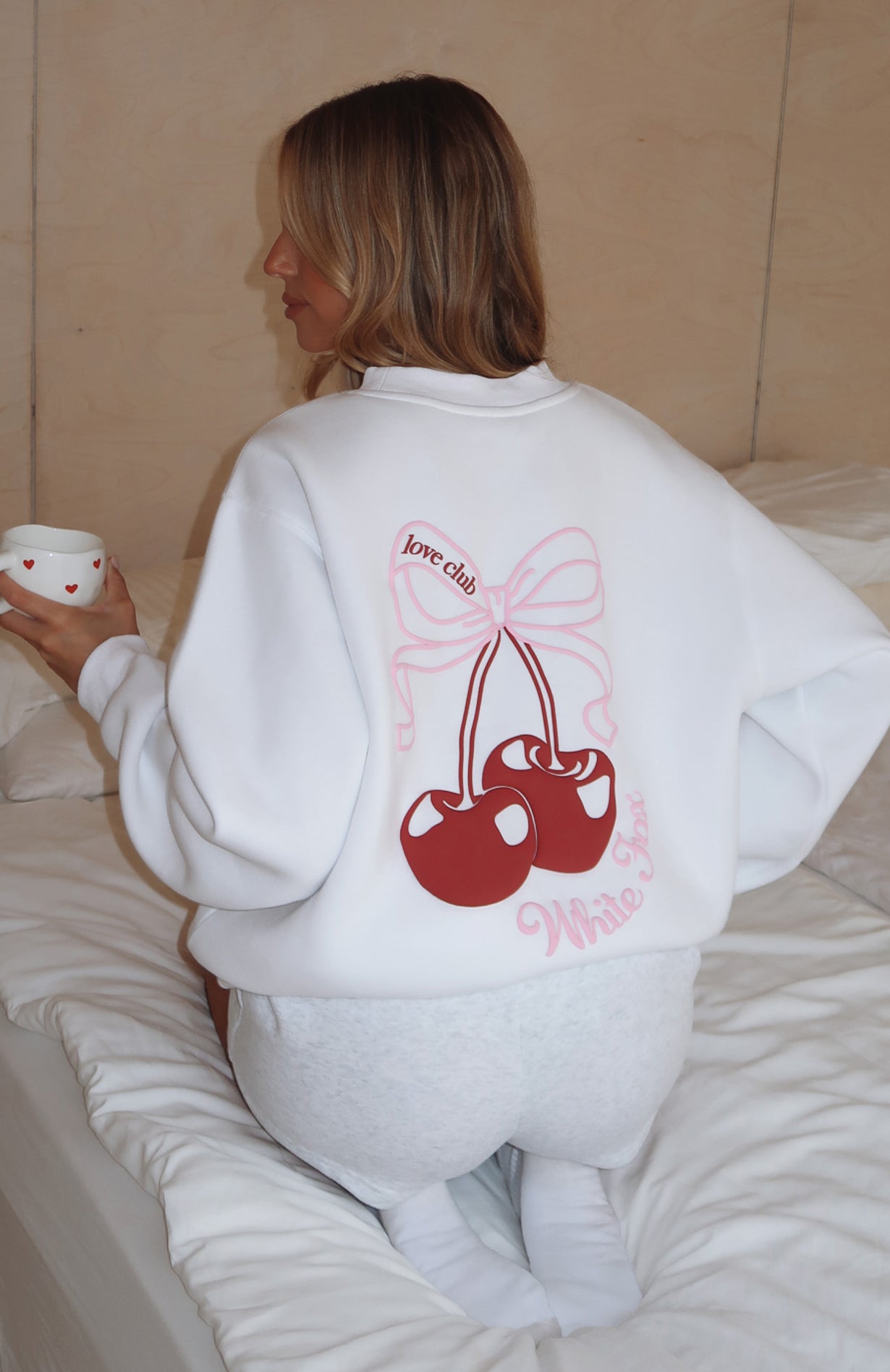 White Fox Oversized Cotton Sweater - Soft Fleece Lined, Ribbed Cuffs