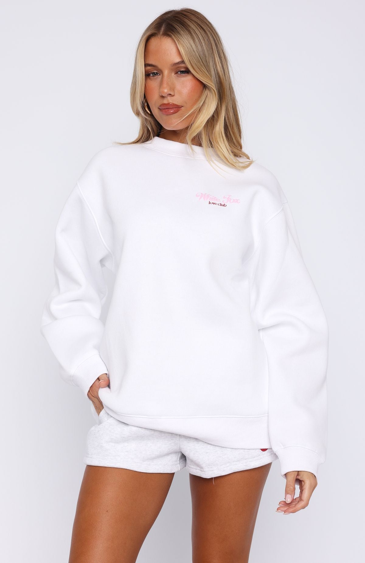 White Fox Oversized Cotton Sweater - Soft Fleece Lined, Ribbed Cuffs