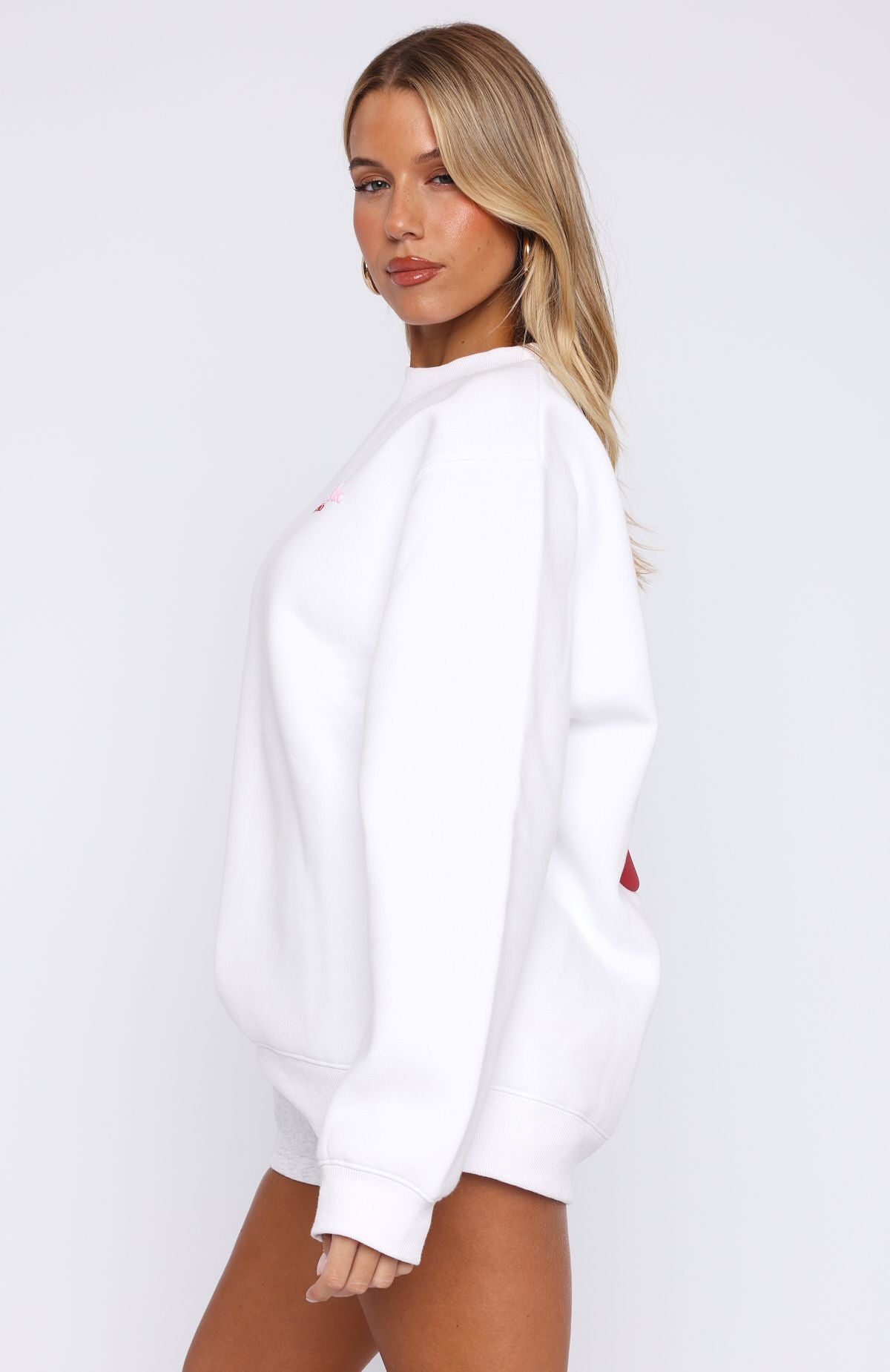 White Fox Oversized Cotton Sweater - Soft Fleece Lined, Ribbed Cuffs