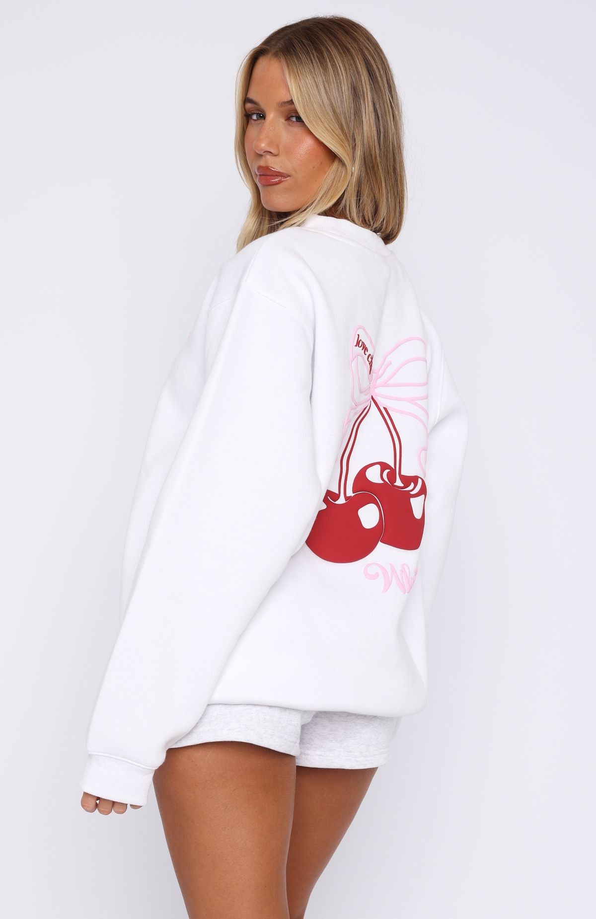 White Fox Oversized Cotton Sweater - Soft Fleece Lined, Ribbed Cuffs