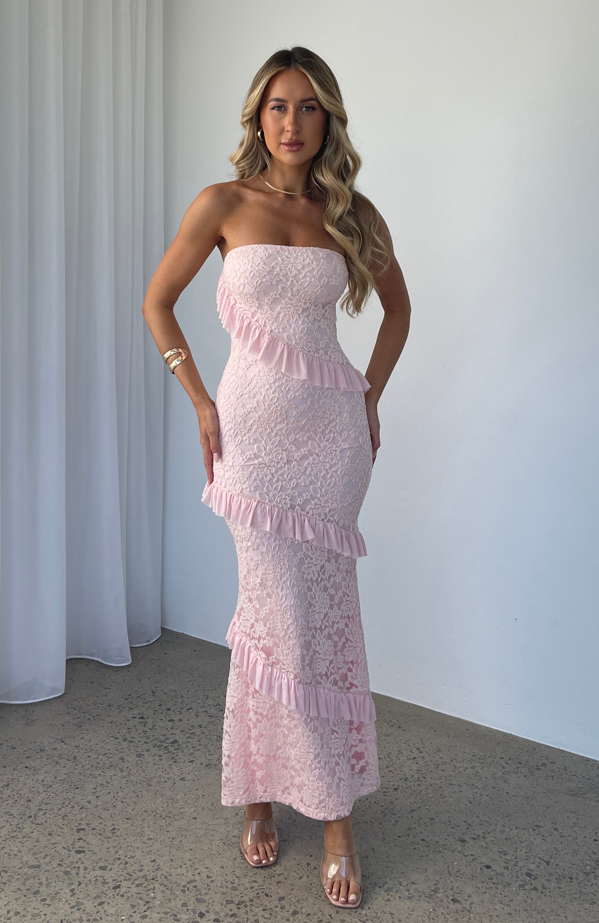 Pink Lace Maxi Dress - She's A Masterpiece Strapless Gown