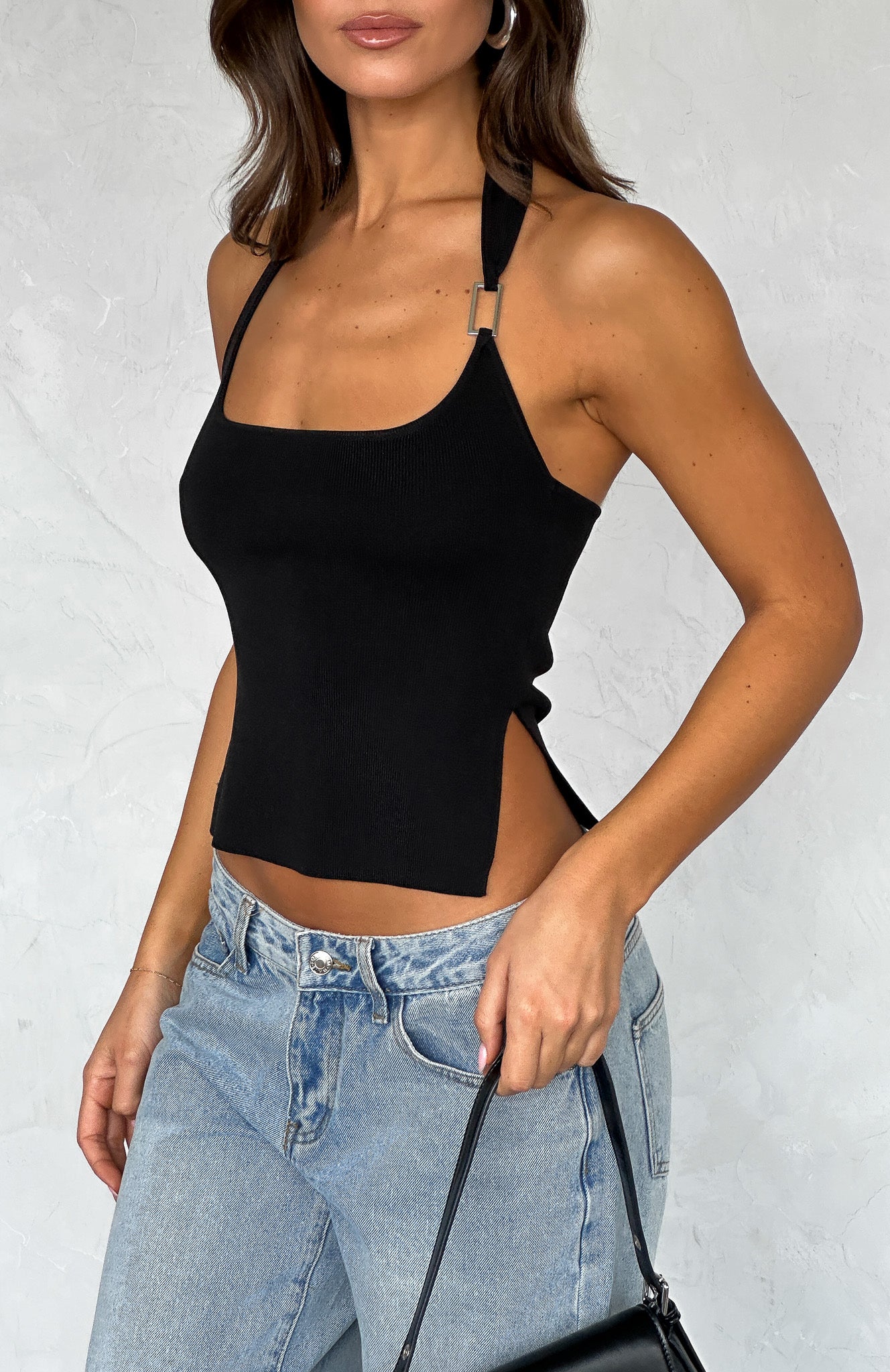 Black Ribbed Halter Top with Silver Hardware - You're On Your Own