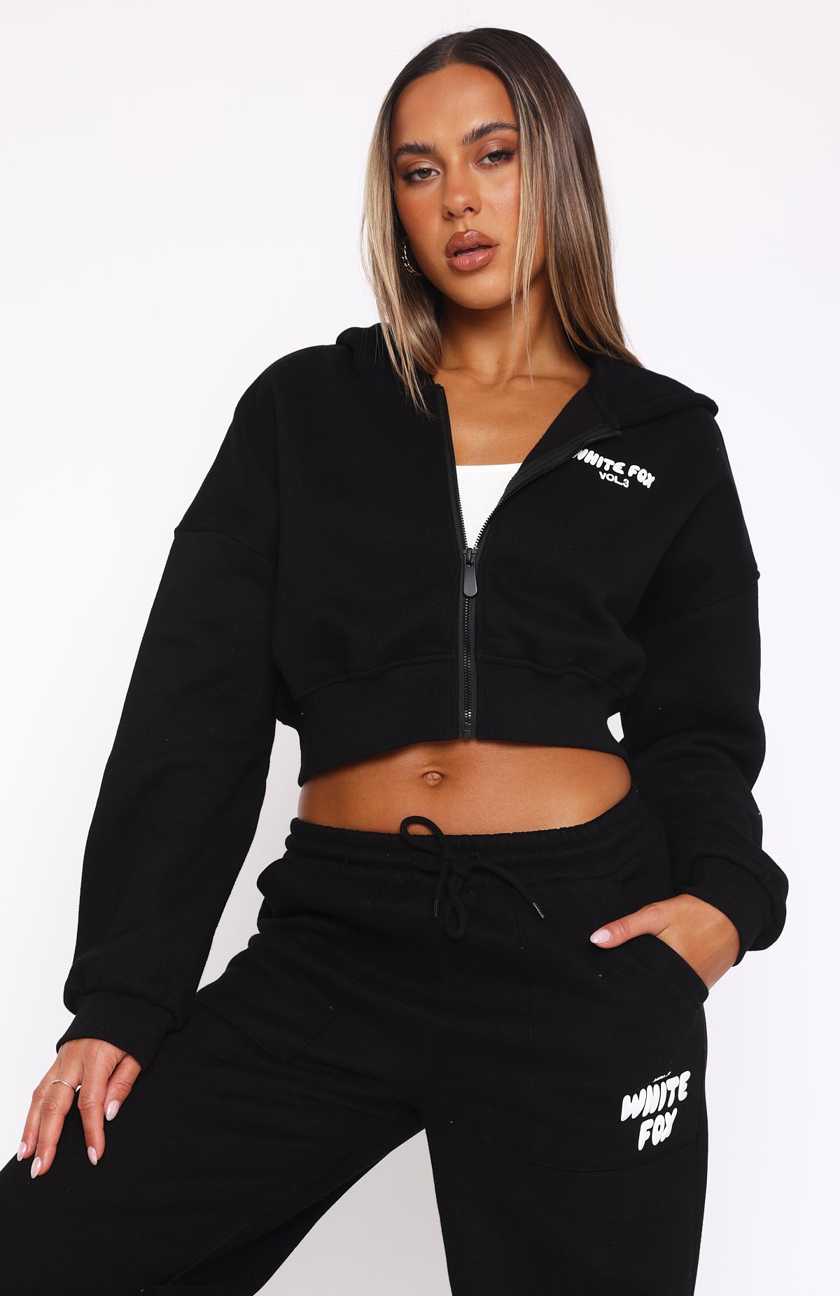 Offstage Cropped Zip Hoodie - Oversized Monochrome Fleece