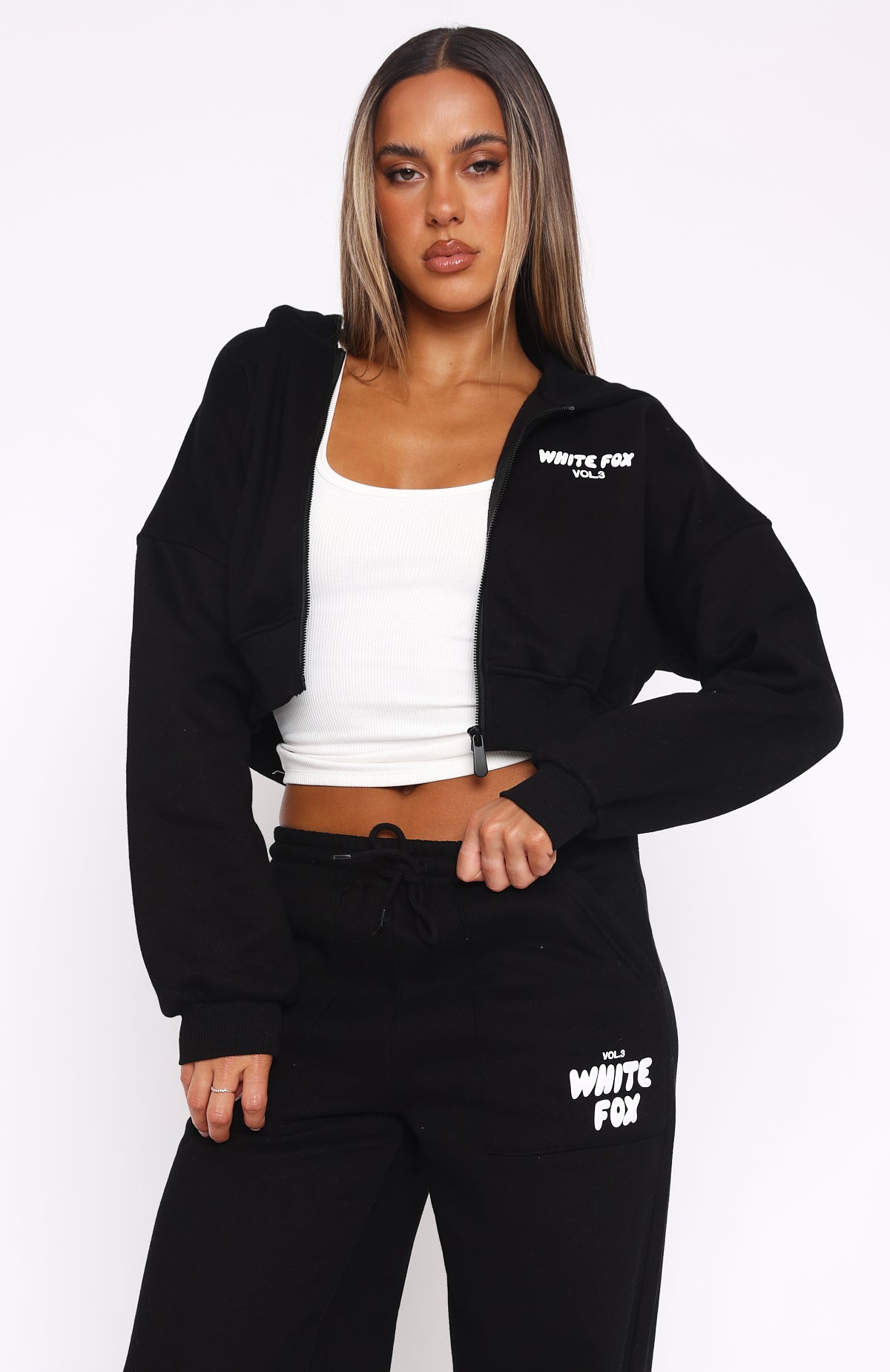 Offstage Cropped Zip Hoodie - Oversized Monochrome Fleece