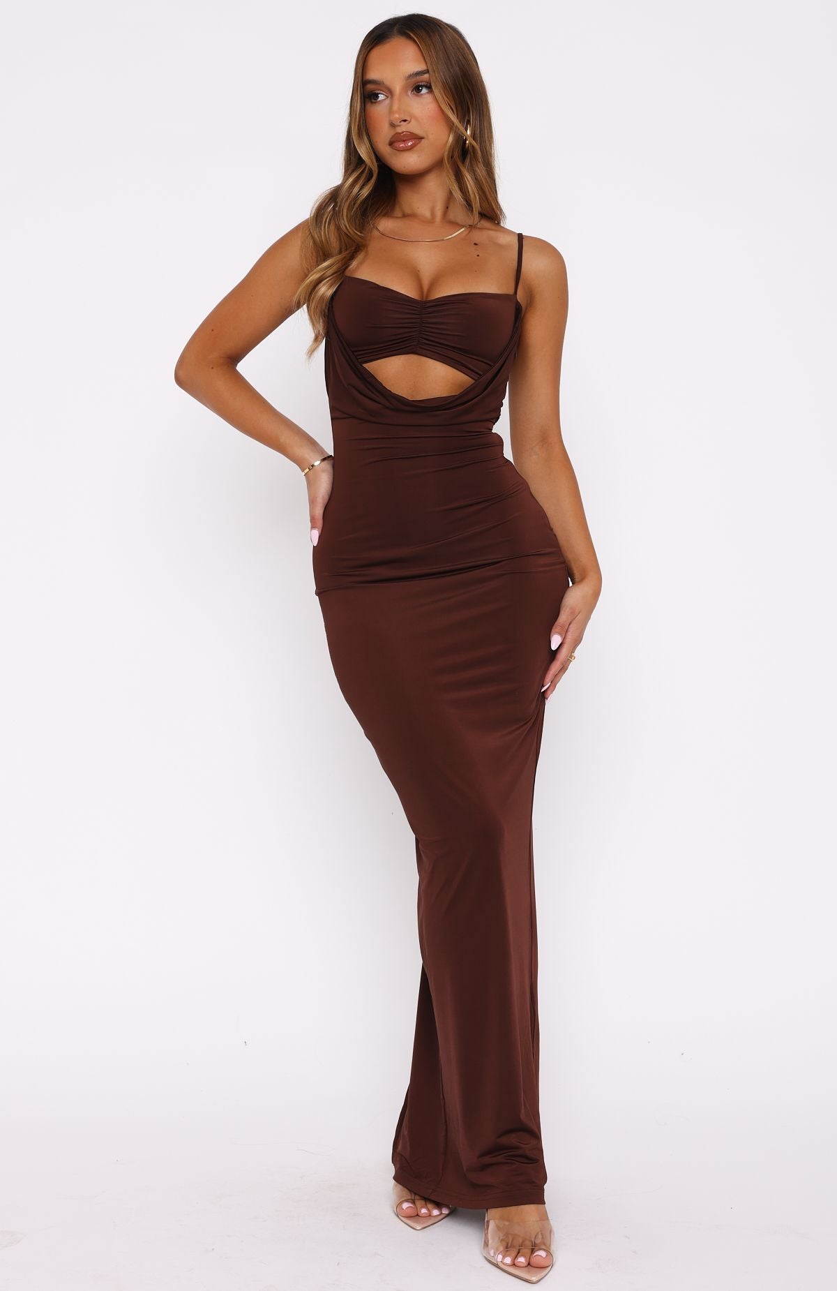 Chocolate Brown Cowl Neck Maxi Dress with Ruching | Hit The City