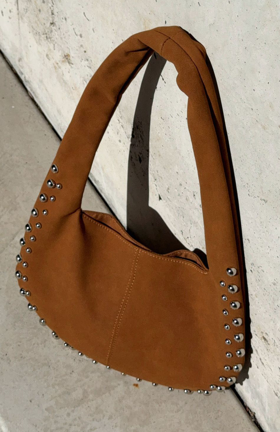 Annalise Chocolate Faux Suede Shoulder Bag with Studs