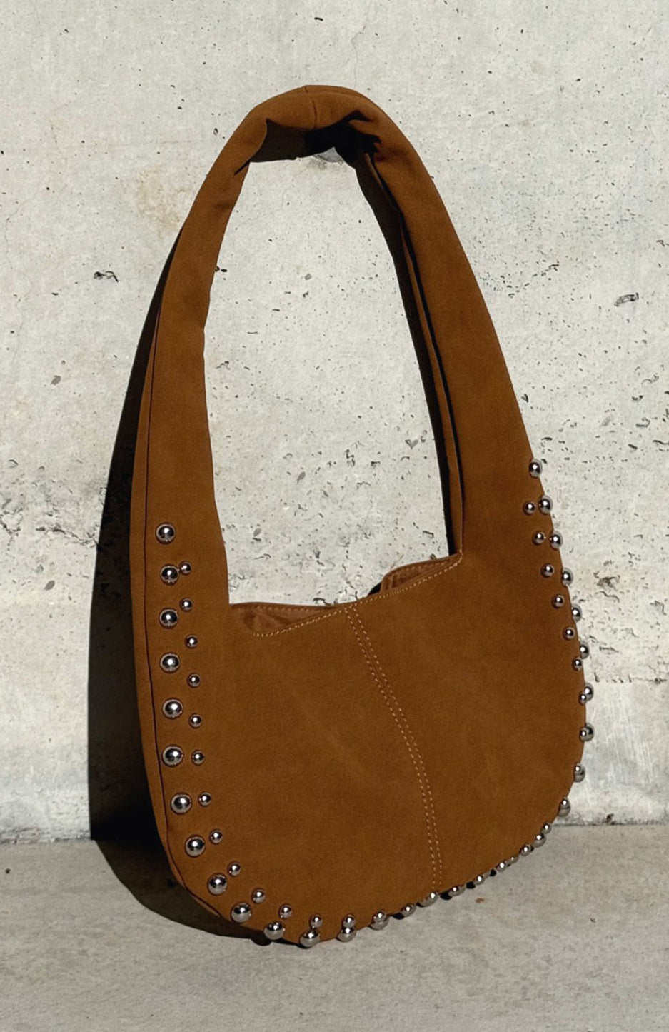 Annalise Chocolate Faux Suede Shoulder Bag with Studs