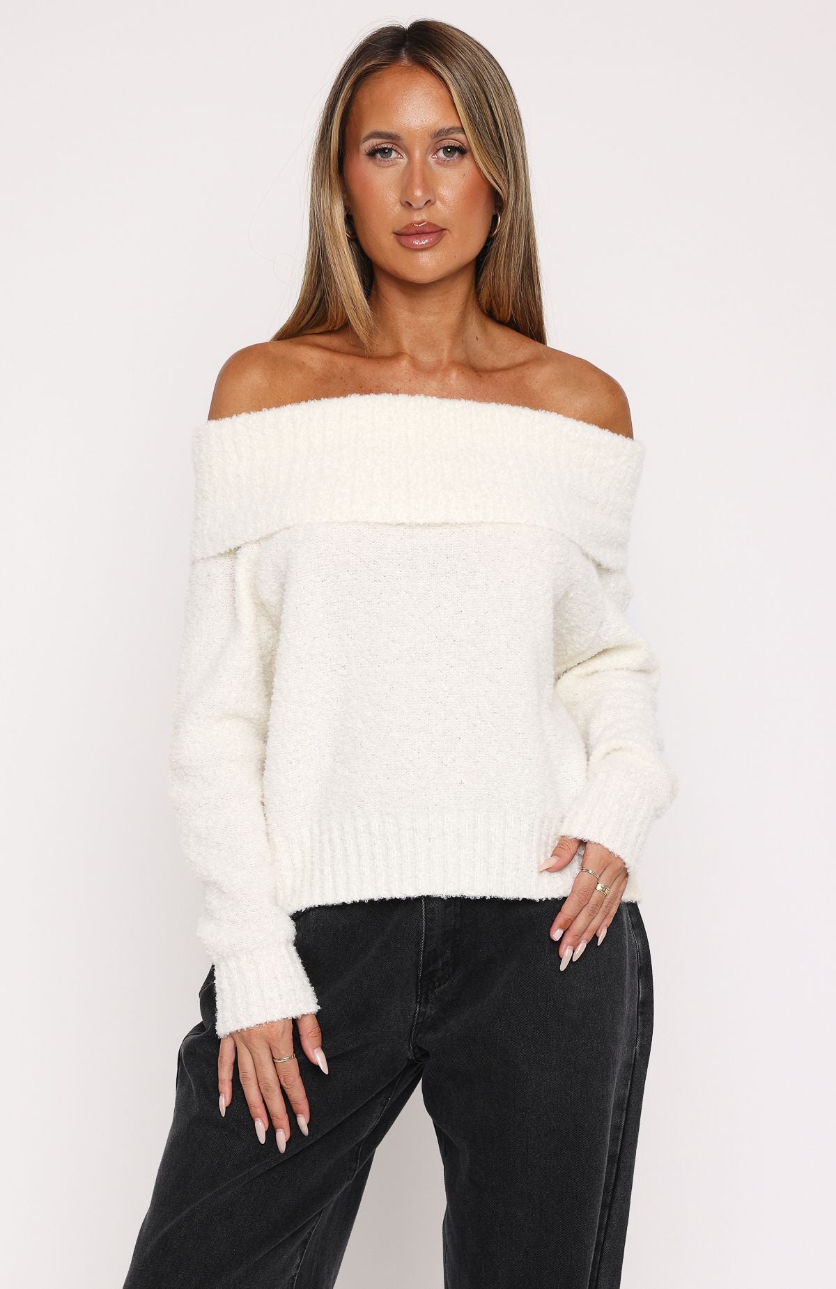 Off Shoulder Knit Sweater - Cozy Winter Pullover in Off White