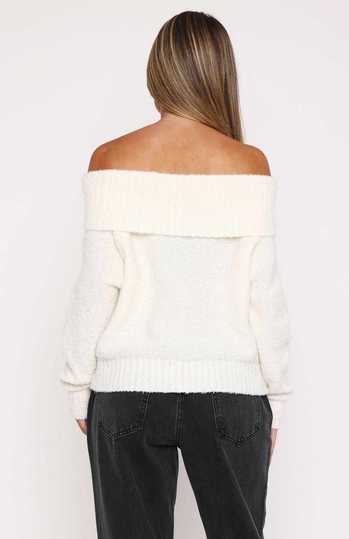 Off Shoulder Knit Sweater - Cozy Winter Pullover in Off White