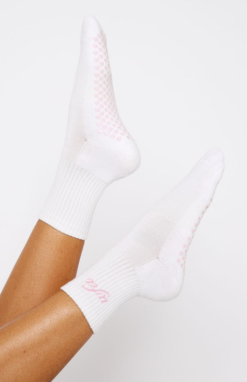 White Fox Active Grip Socks for Pilates - White/Pink, Cotton Crew Socks