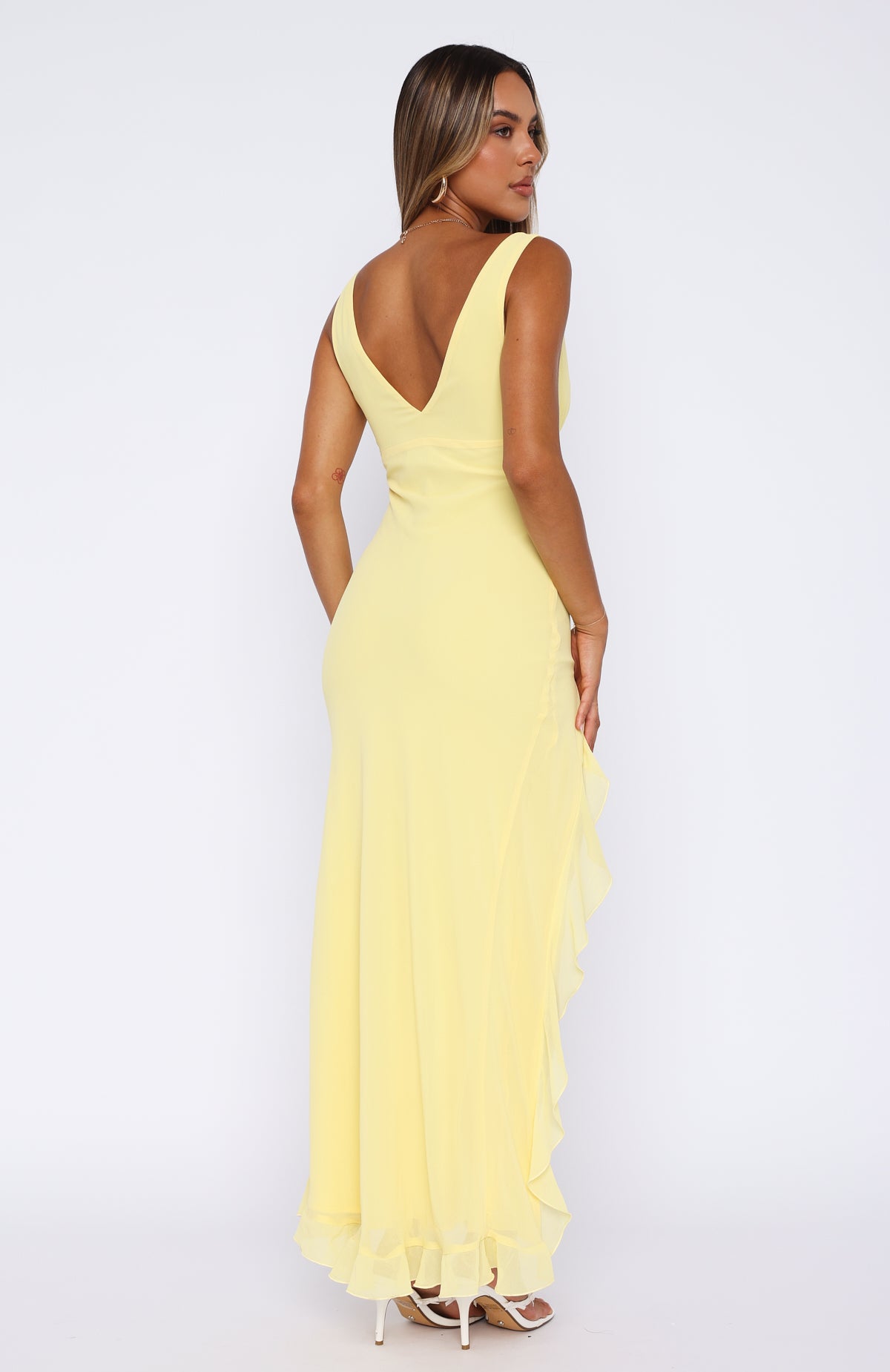 Lemon Plunge Neckline Maxi Dress with Frill Hem | Tell Me Everything