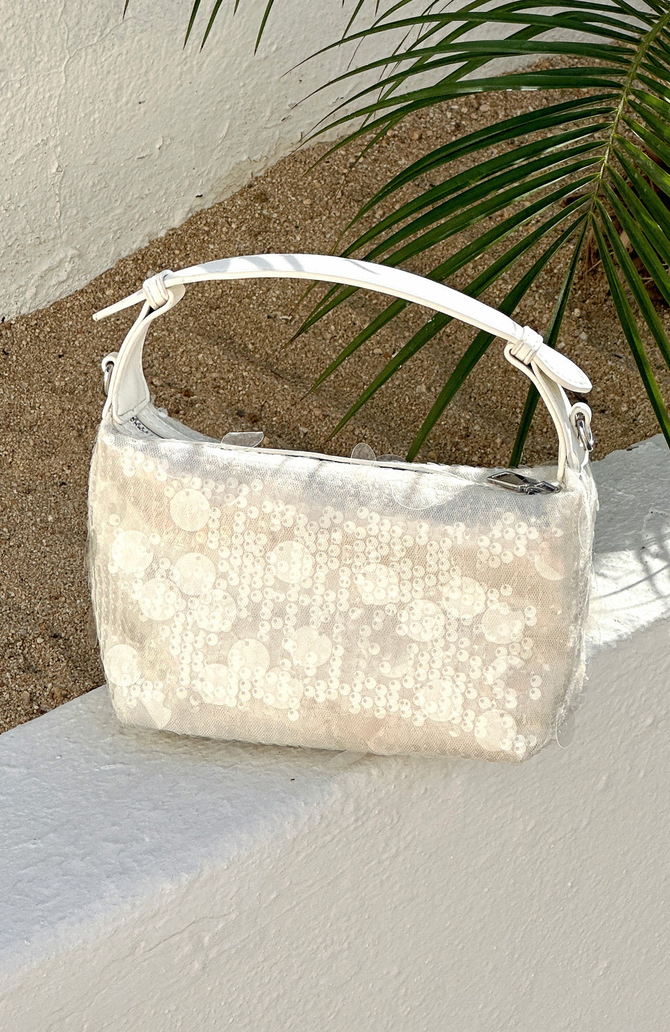 Eliana White Sequin Top Handle Bag - Acrylic Zip Closure