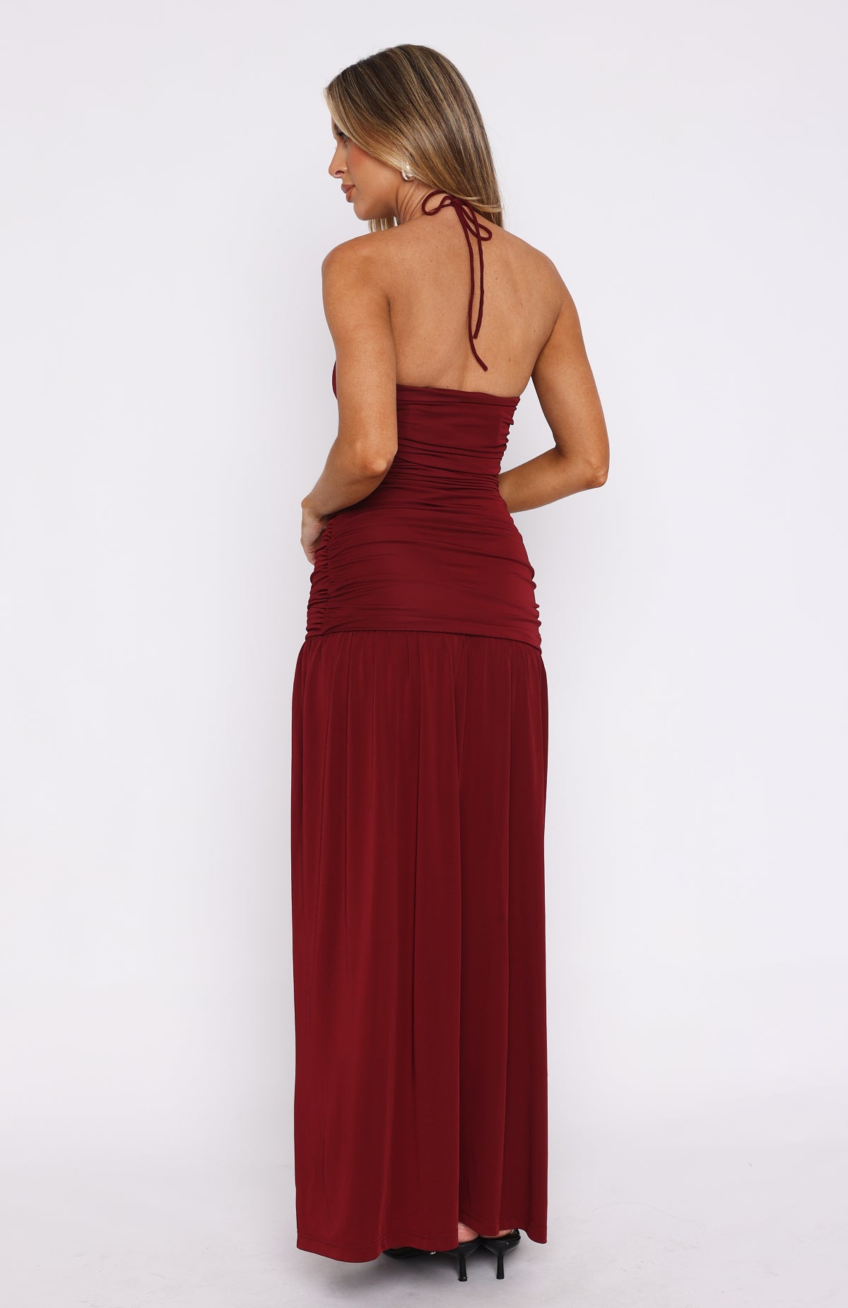 Burgundy Halter Maxi Dress with Side Slit & Ruching