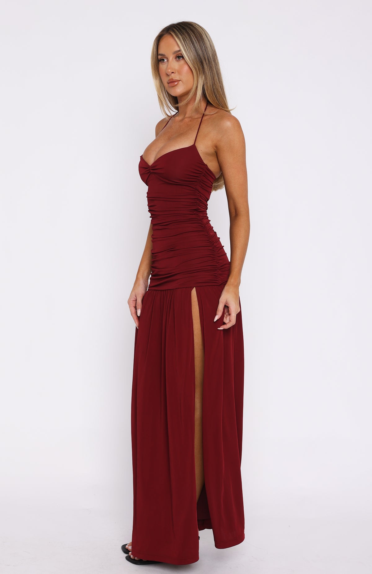 Burgundy Halter Maxi Dress with Side Slit & Ruching