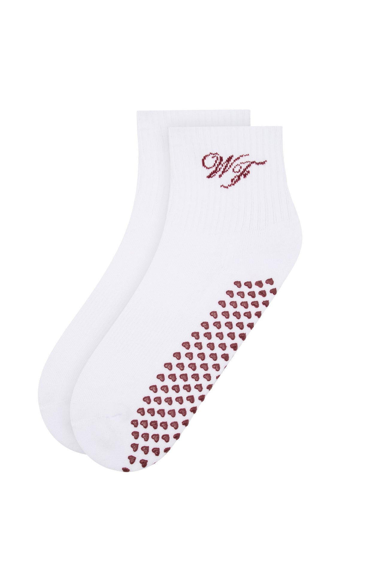 White Fox Active Pilates Grip Socks - White/Berry, Cotton Crew with Non-Slip Sole