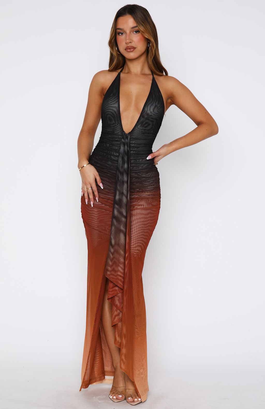 Sexy Halter Maxi Dress with Plunge Neckline & Front Slit - Desert Dusk