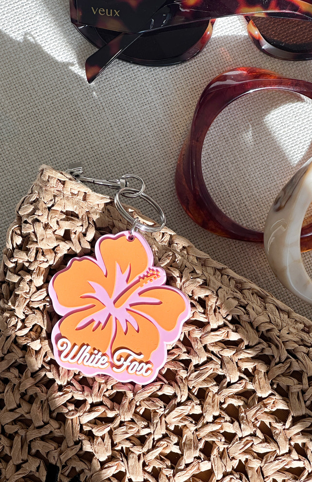 Vacation Keychain - Pink & Orange Rubber Keyring with Puff Print Design