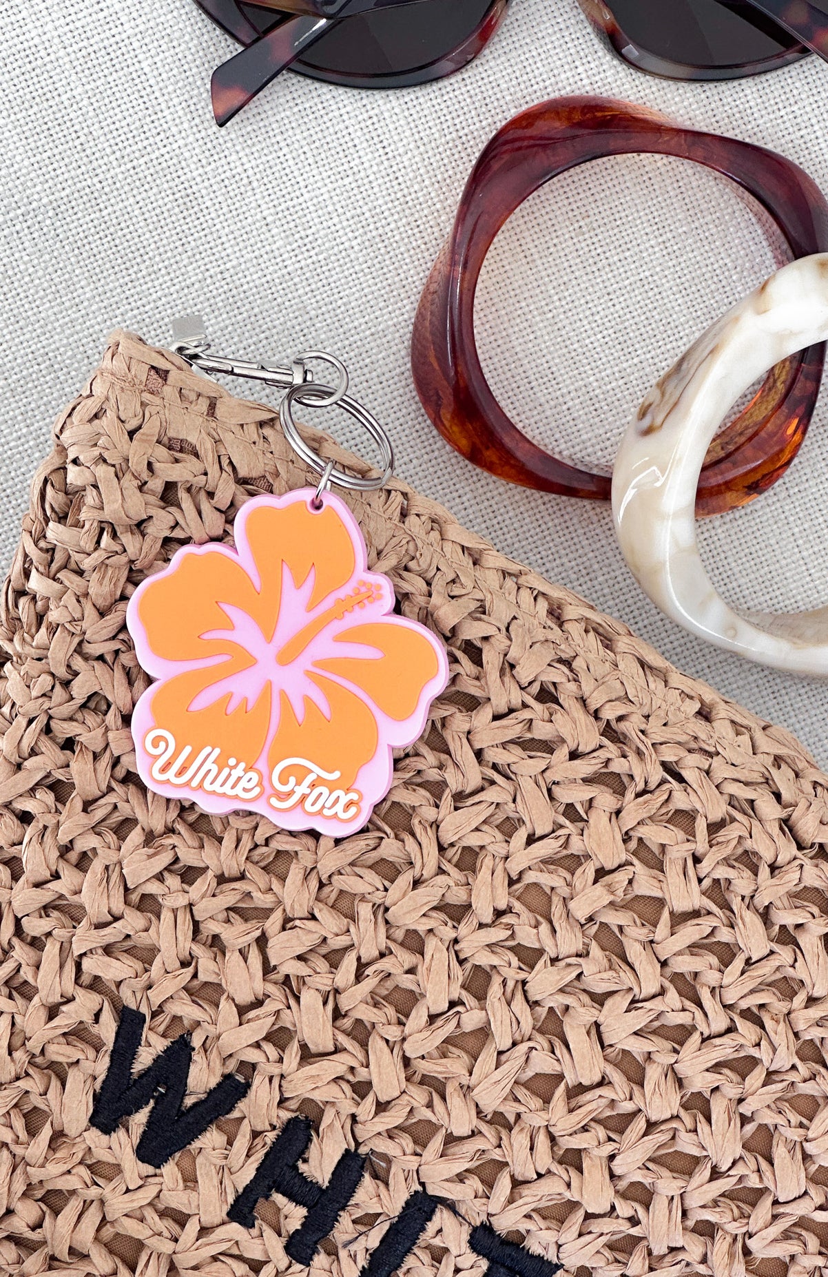 Vacation Keychain - Pink & Orange Rubber Keyring with Puff Print Design