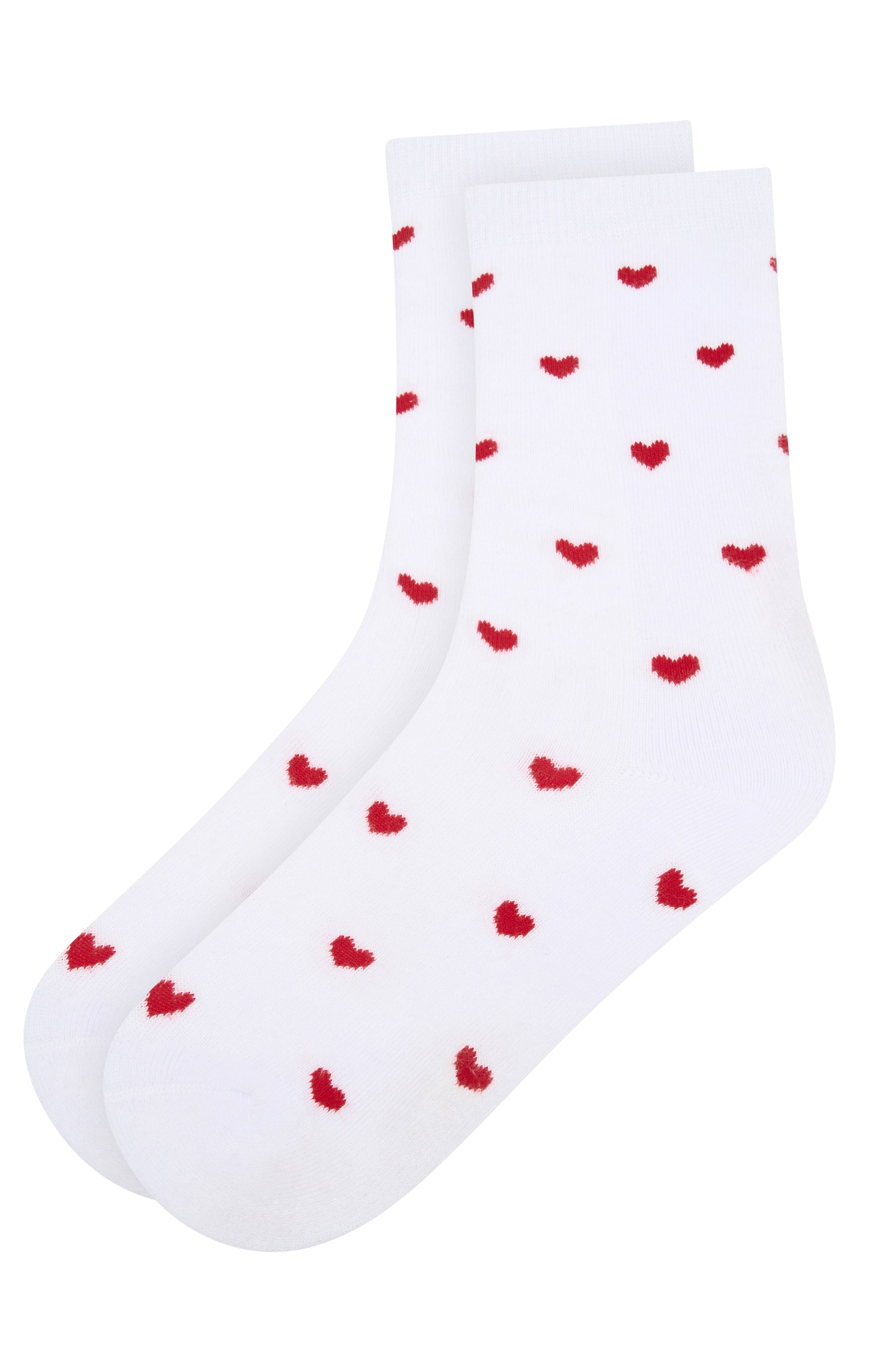 Cotton Crew Socks with Heart Print - Lazy Days White