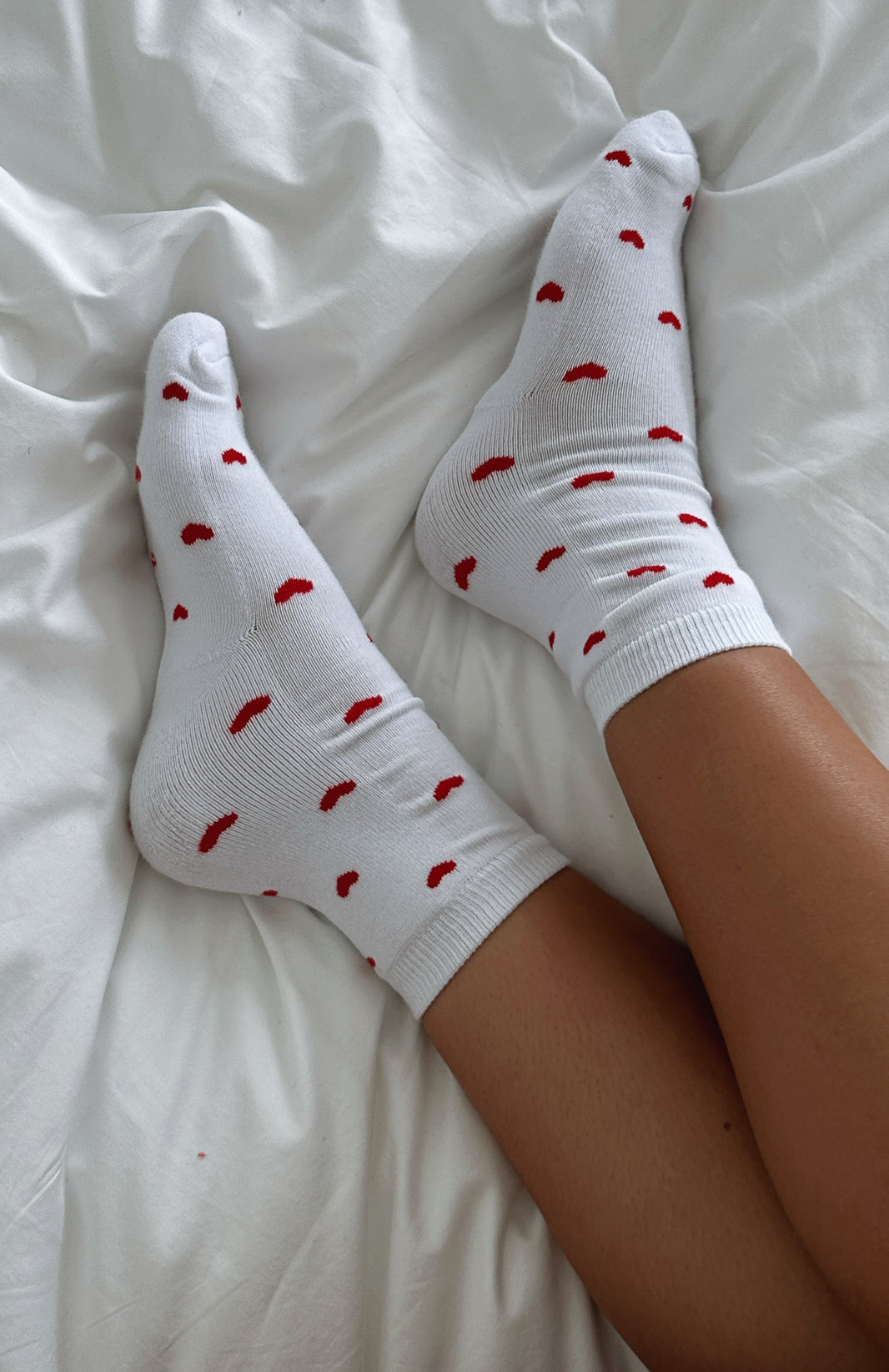 Cotton Crew Socks with Heart Print - Lazy Days White