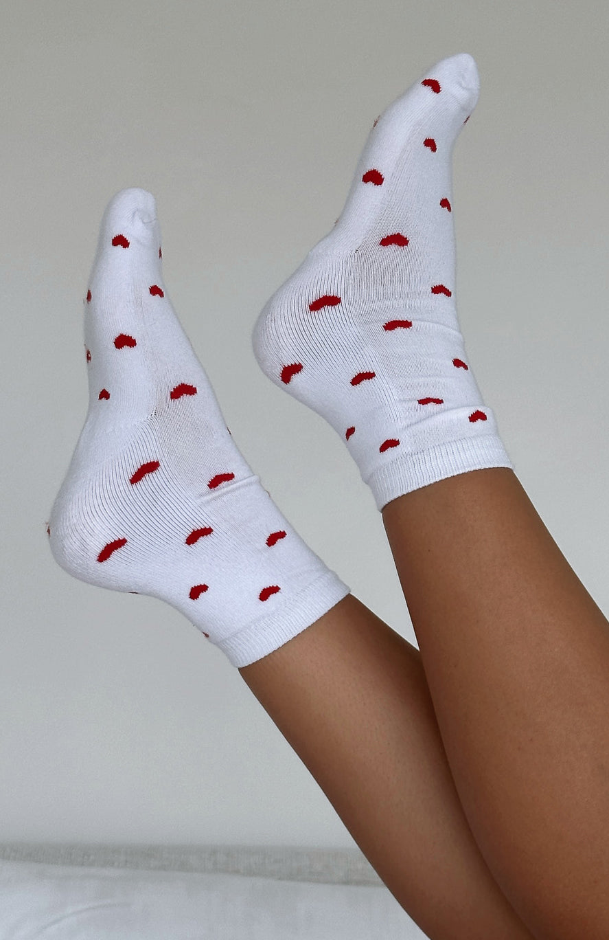 Cotton Crew Socks with Heart Print - Lazy Days White