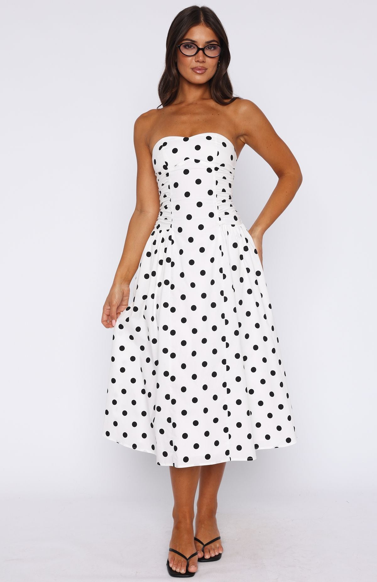 Rich In Love Polka Dot Strapless Midi Dress - White & Black