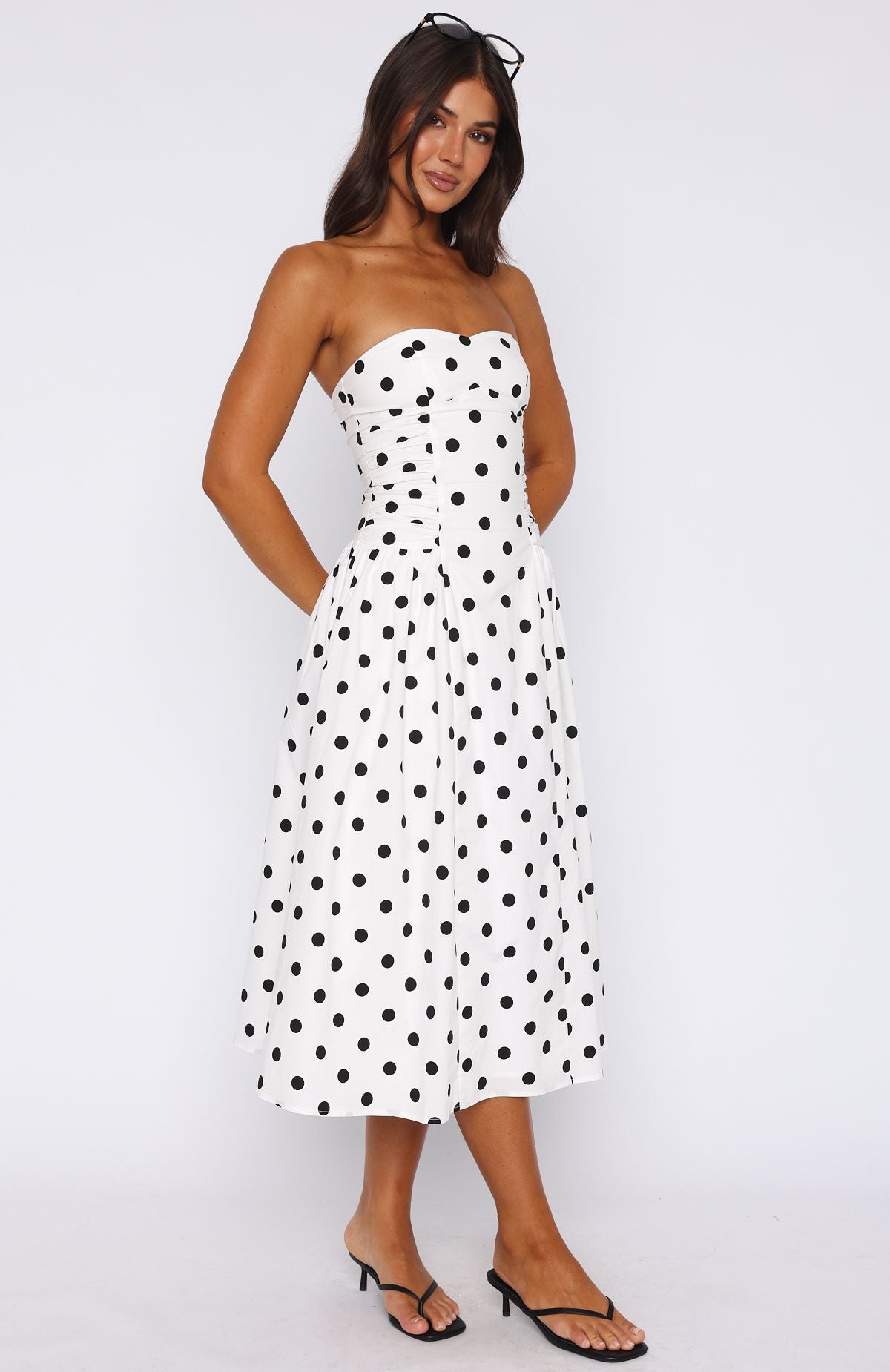 Rich In Love Polka Dot Strapless Midi Dress - White & Black