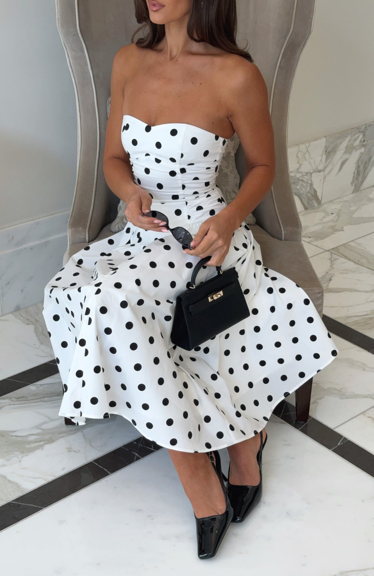 Rich In Love Polka Dot Strapless Midi Dress - White & Black