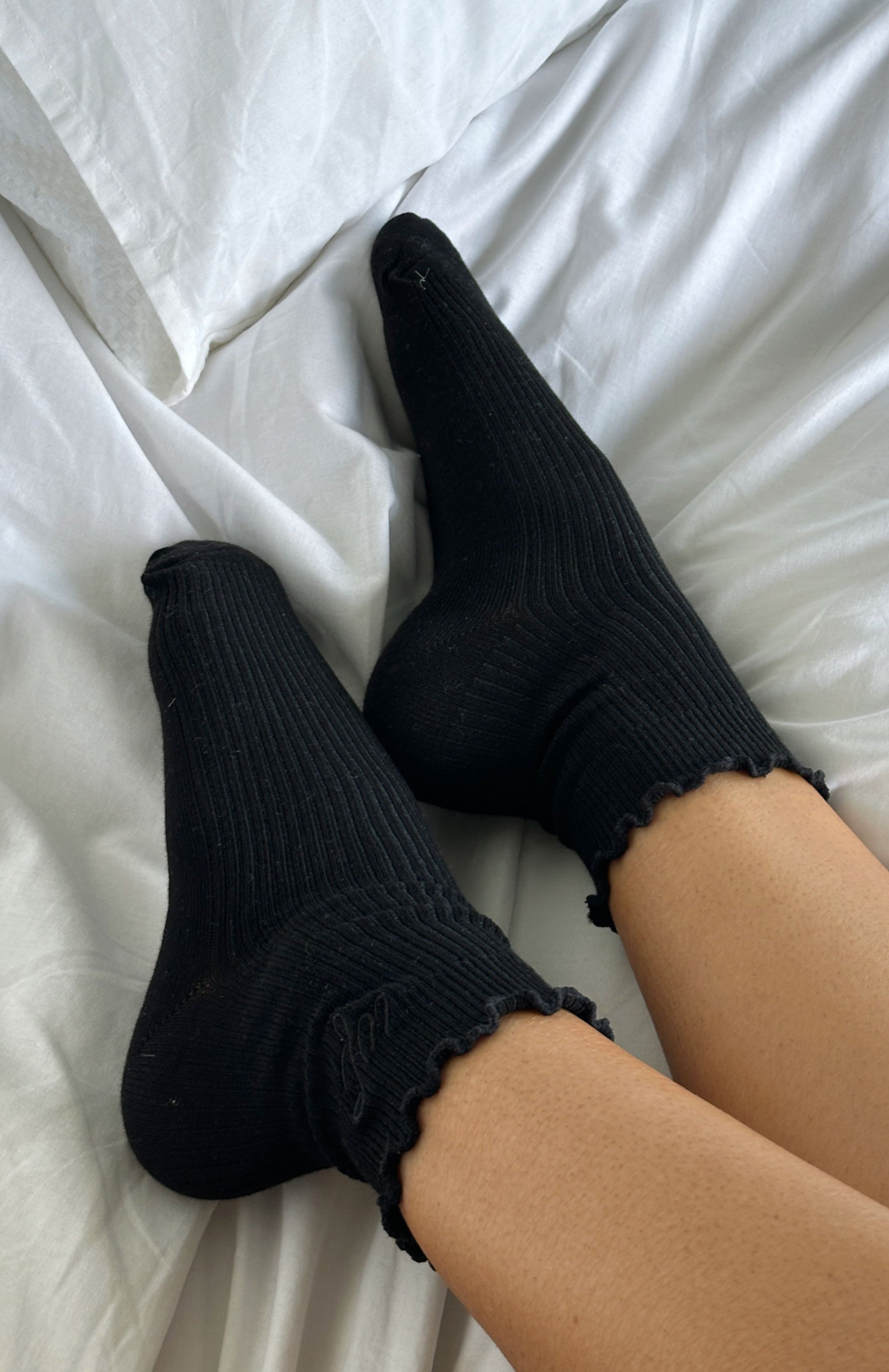 Black Cotton Crew Socks with Lettuce Hem - Me Time Socks
