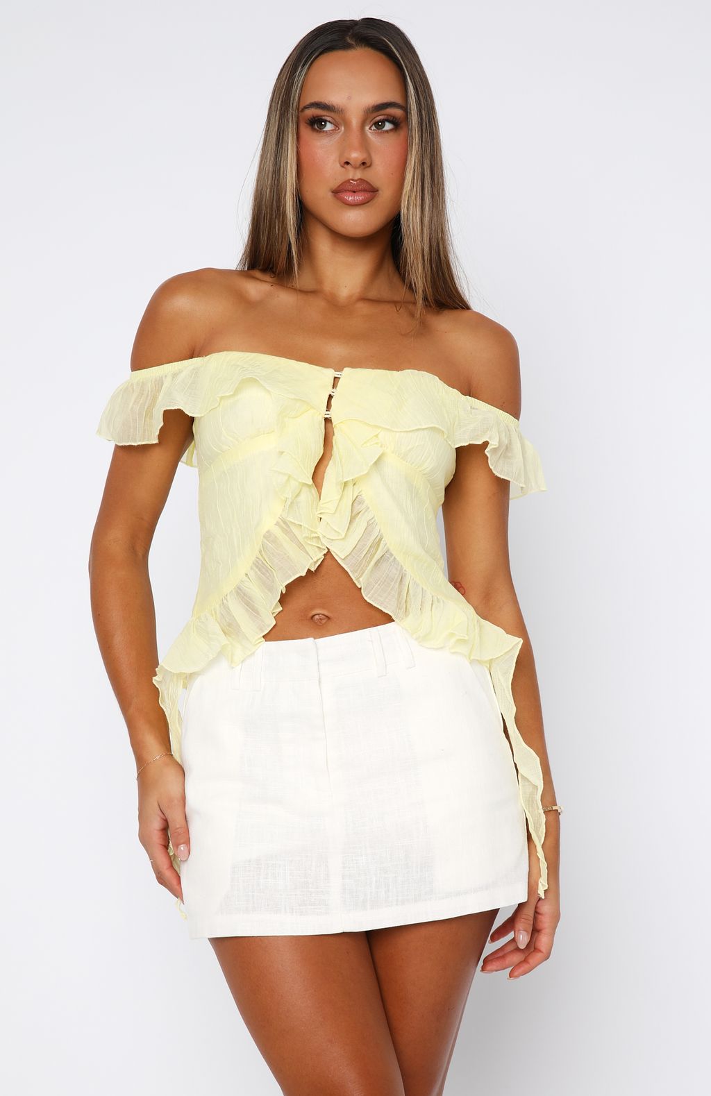 Lemon Off Shoulder Top with Frill Detailing – Love The View