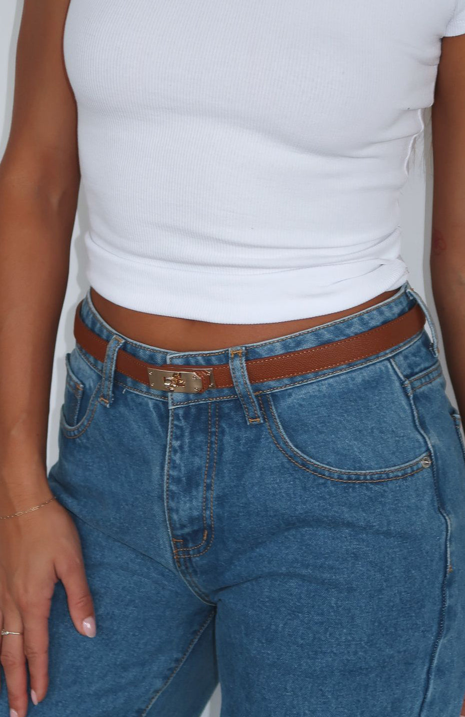 Zuri Tan Leather Belt with Gold Buckle for Women