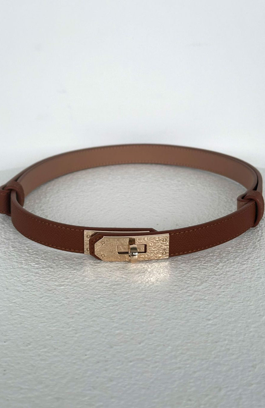 Zuri Tan Leather Belt with Gold Buckle for Women