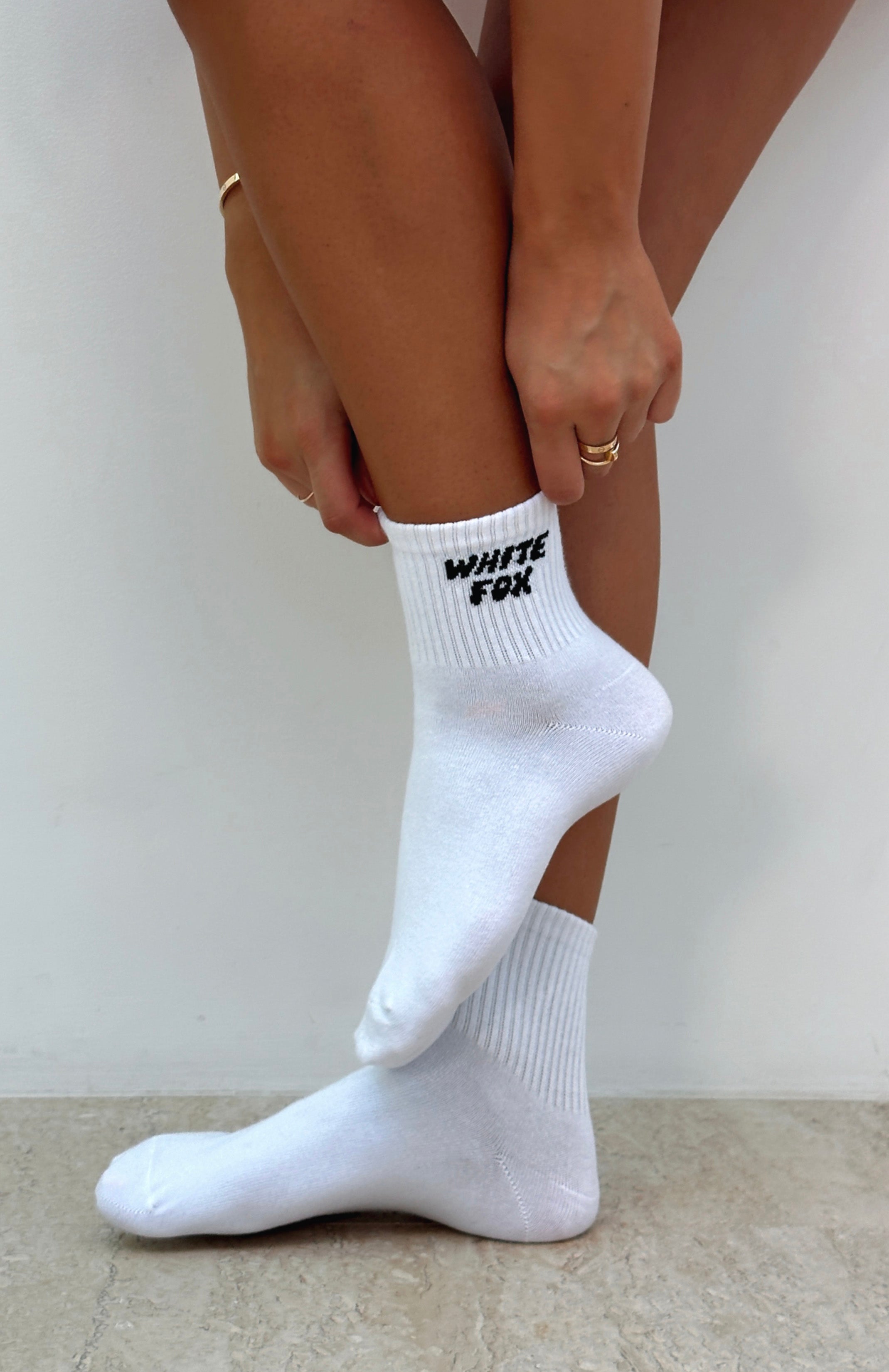 Offstage Cotton Crew Socks with White Fox Logo - White/Black