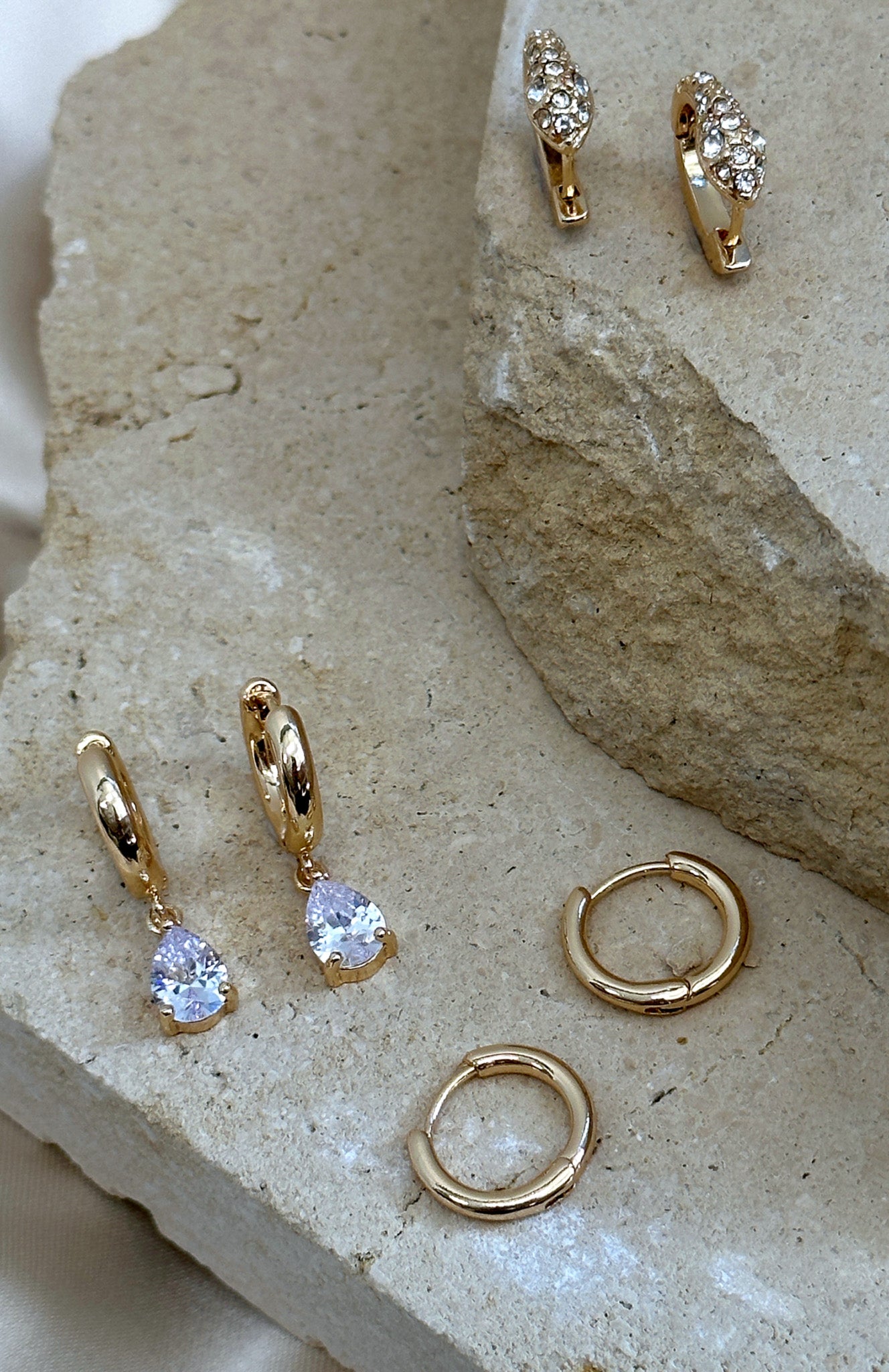 Gold Huggie Hoop Earrings Set with Diamanté – 3 Piece Jewelry Gift