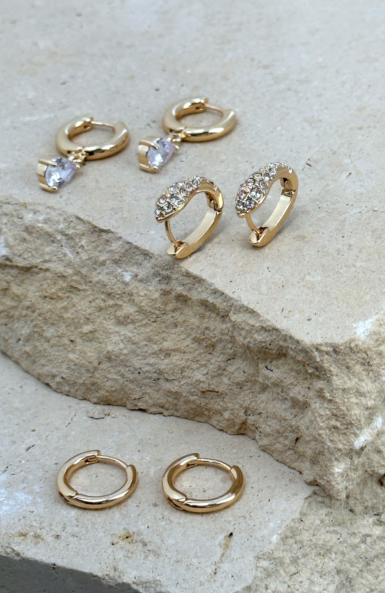Gold Huggie Hoop Earrings Set with Diamanté – 3 Piece Jewelry Gift