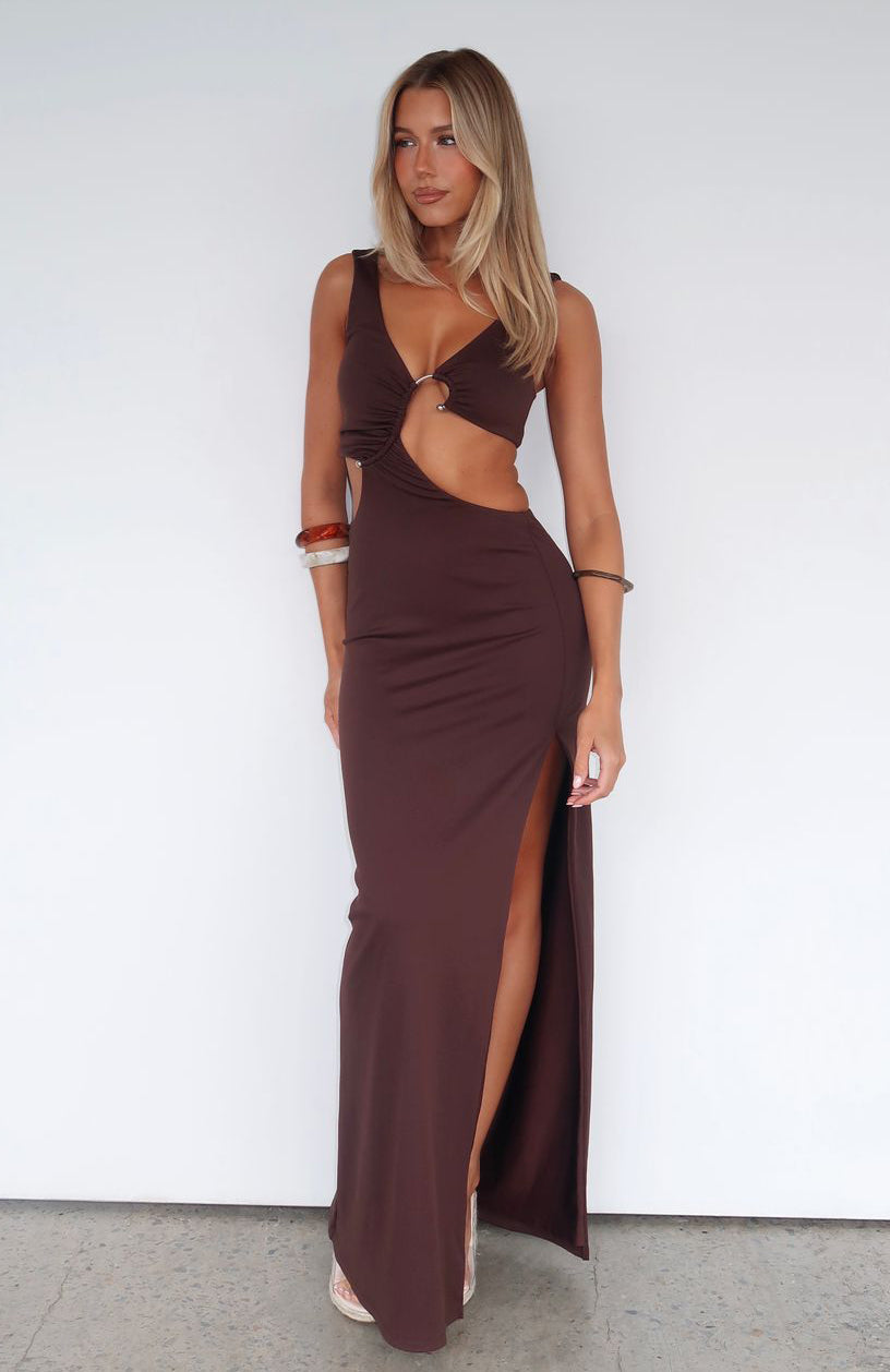 Backless Maxi Dress with Cut Out Detail - Dark Chocolate
