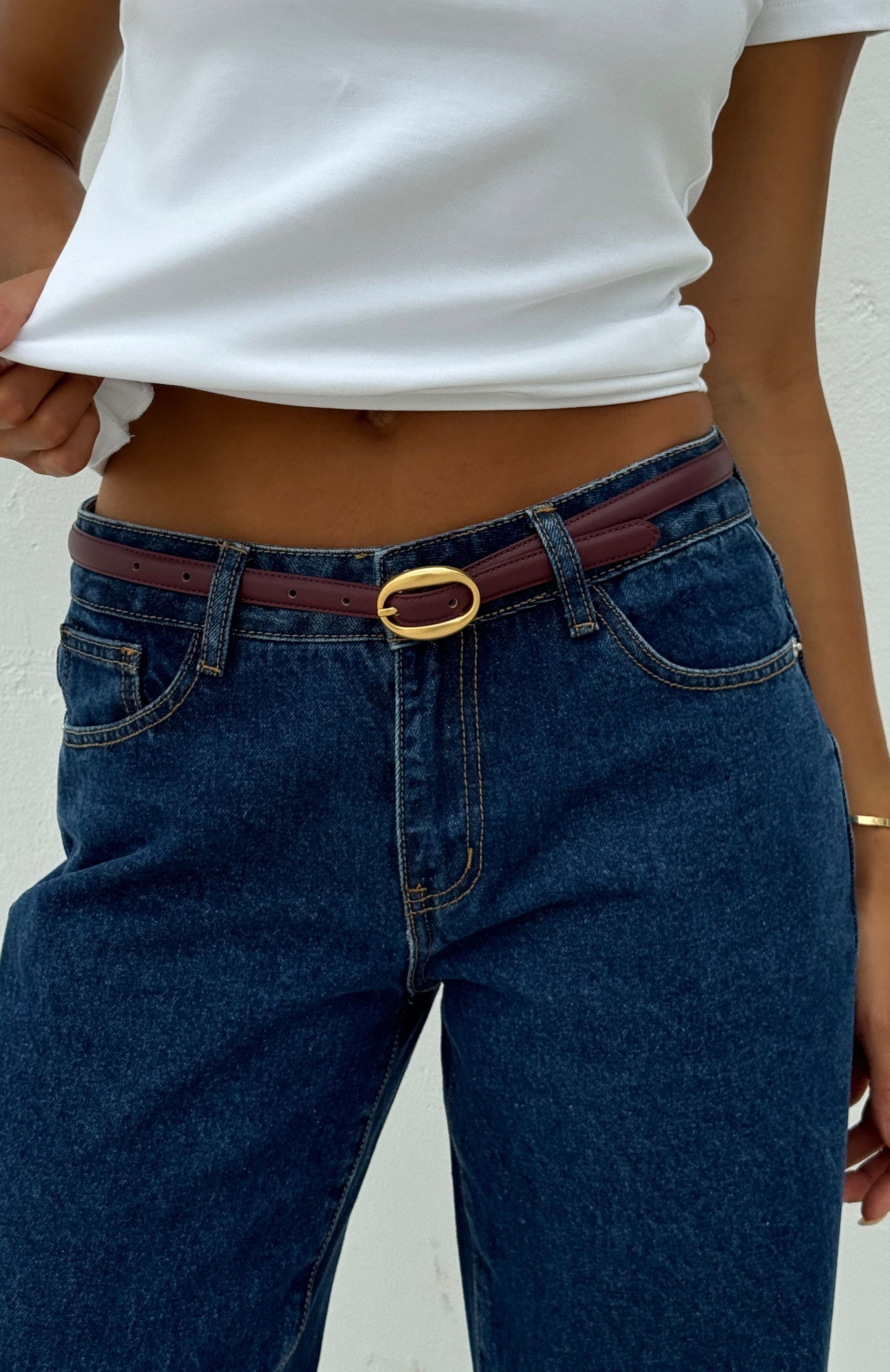 Ron Burgundy PU Leather Belt with Gold Buckle – Thin & Stylish
