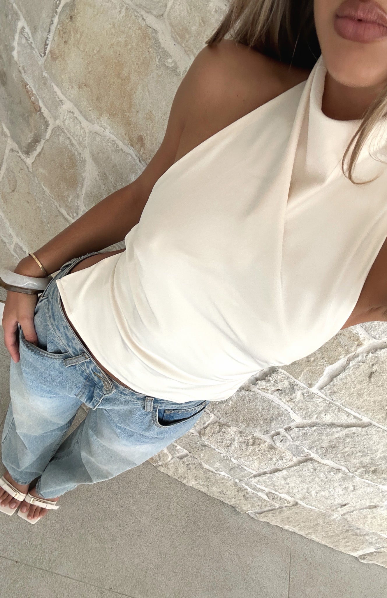 Pearl Halter Top with Cowl Neck & Backless Design