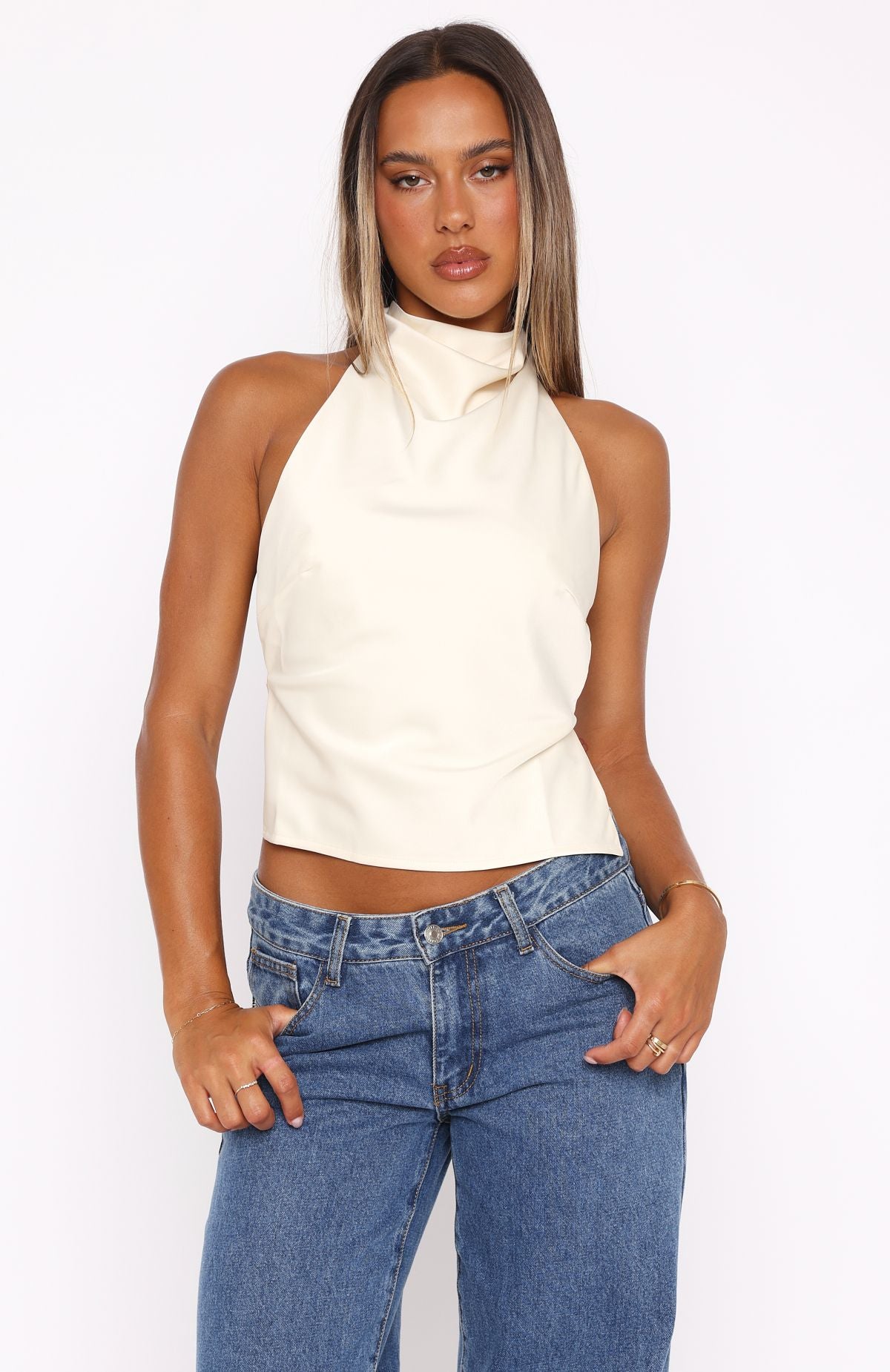 Pearl Halter Top with Cowl Neck & Backless Design