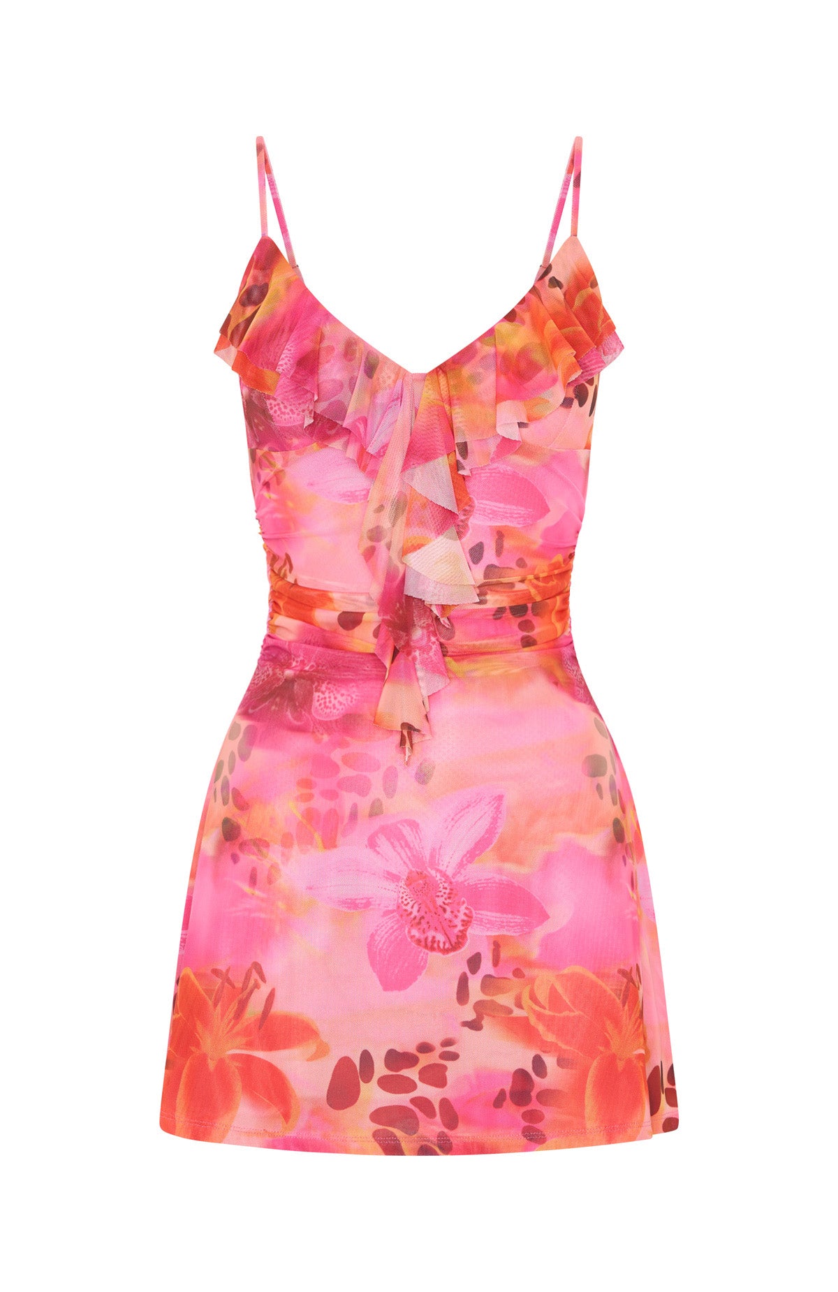 Women's Sweetheart Neckline Mini Dress with Frill & Ruching - Paradise Dreams