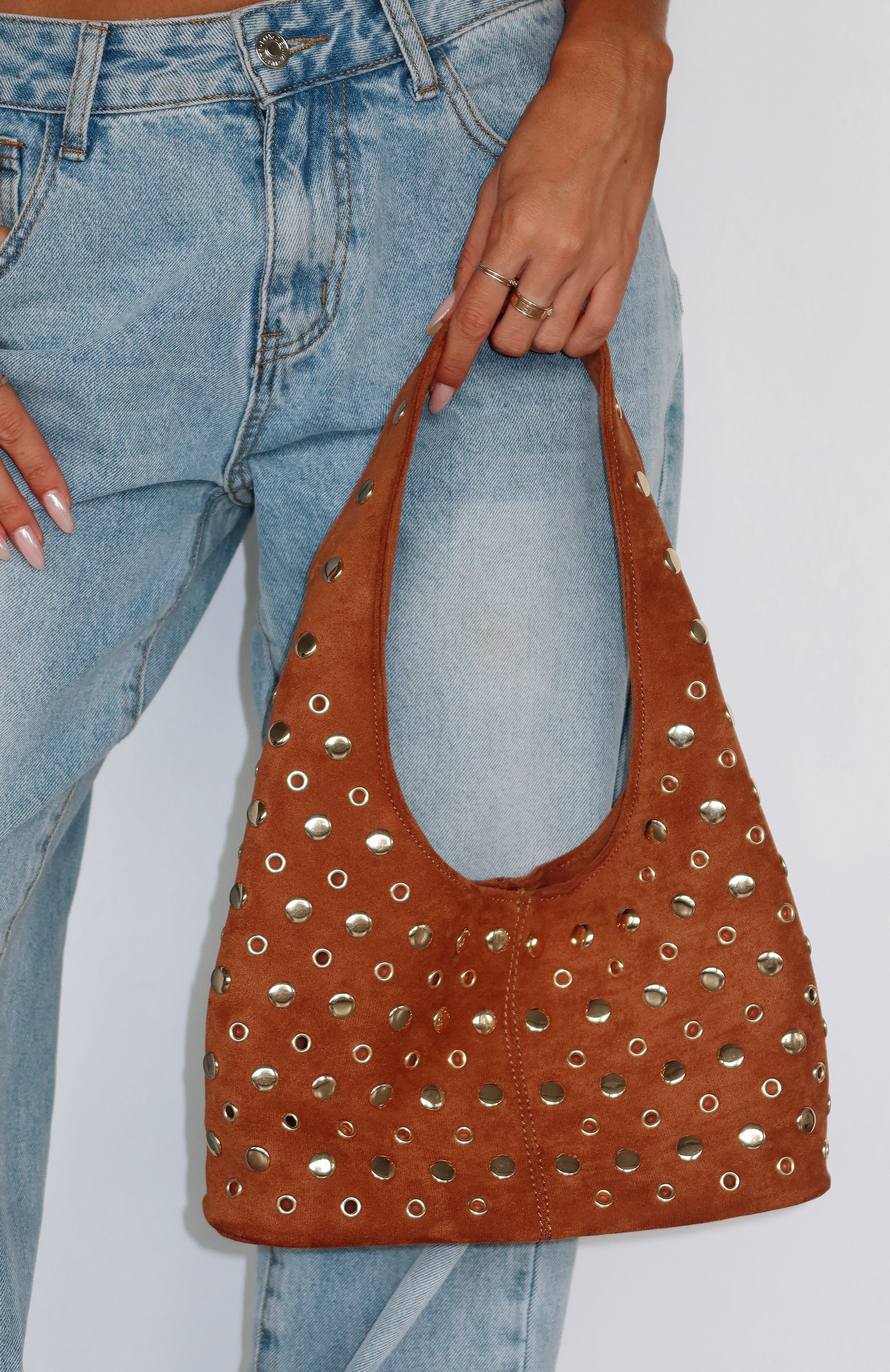 Aurelia Camel Shoulder Bag with Gold Studs & Thick Strap