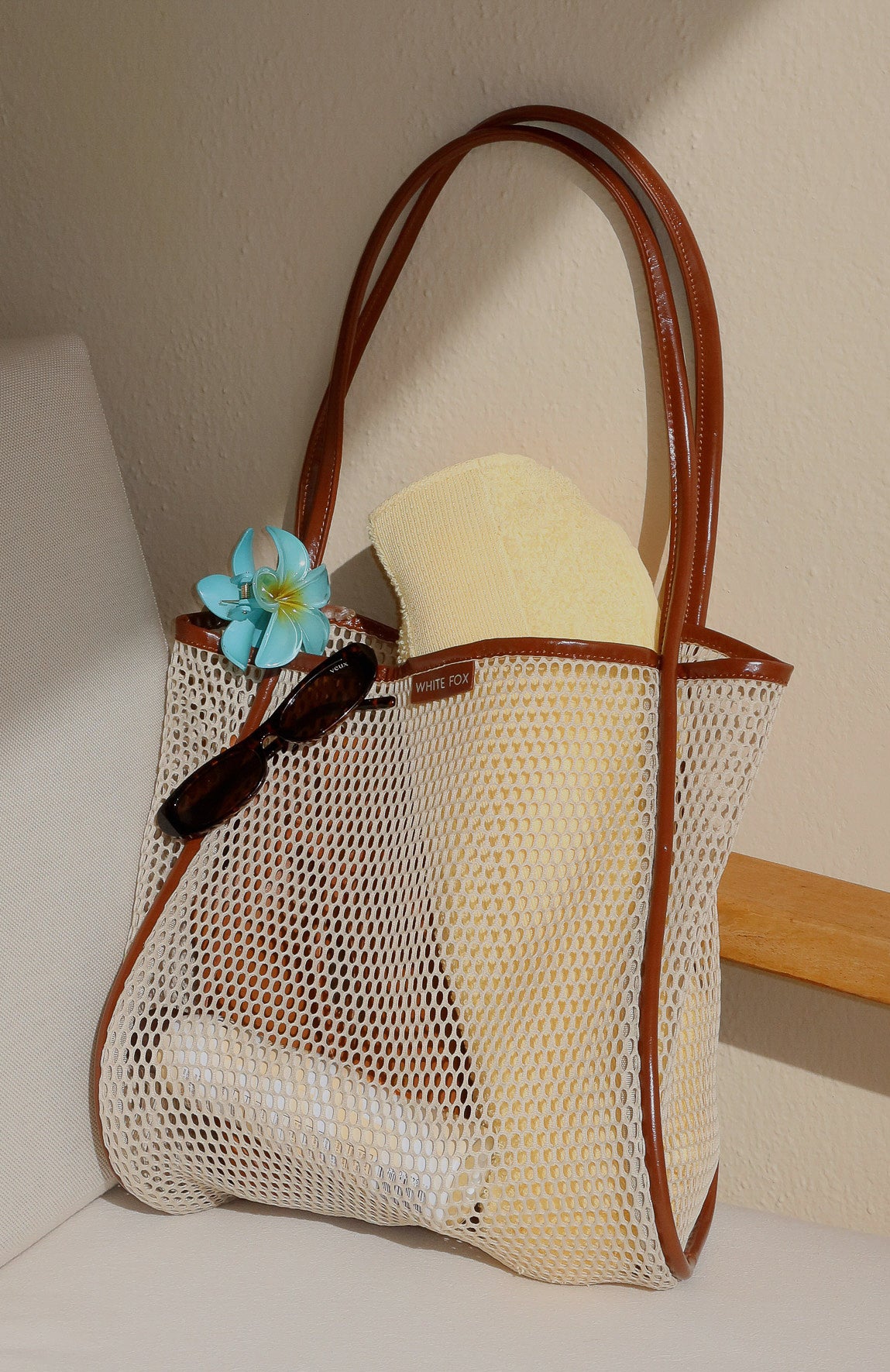 Aria Large Tote Shoulder Bag in Oat with Gold Logo