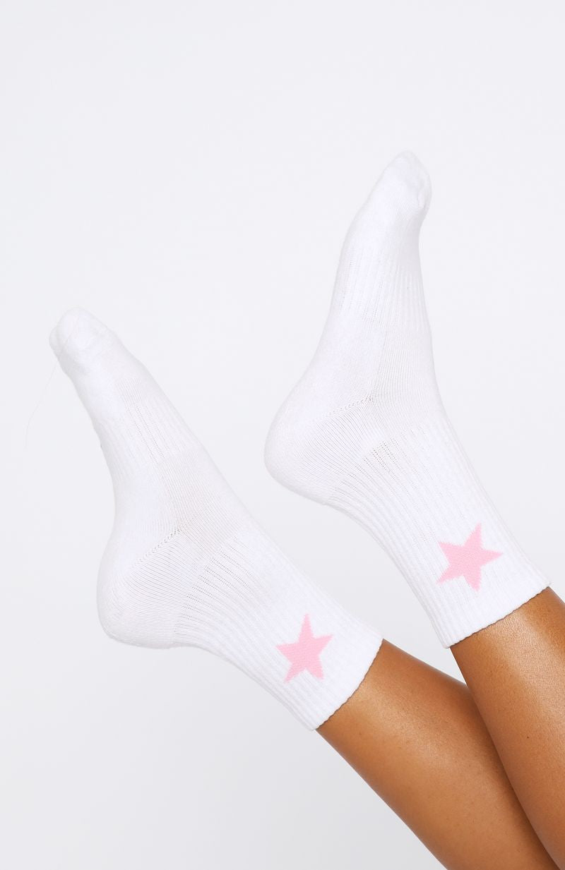 White Fox Cotton Crew Socks with Embroidered Logo - White/Pink