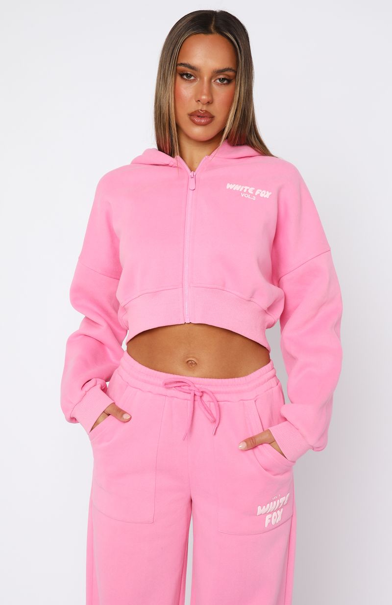 Bubblegum Cropped Zip Hoodie - Oversized Fleece with Puff Print