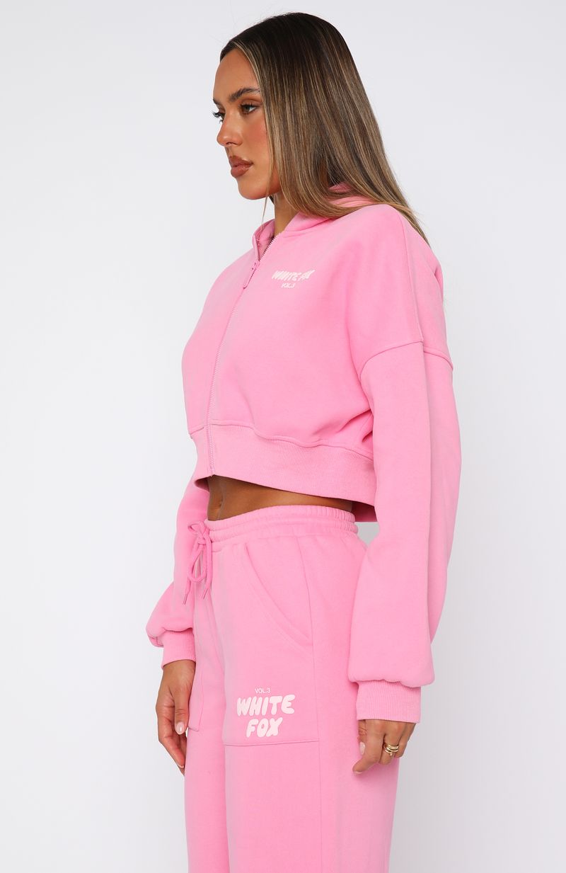 Bubblegum Cropped Zip Hoodie - Oversized Fleece with Puff Print