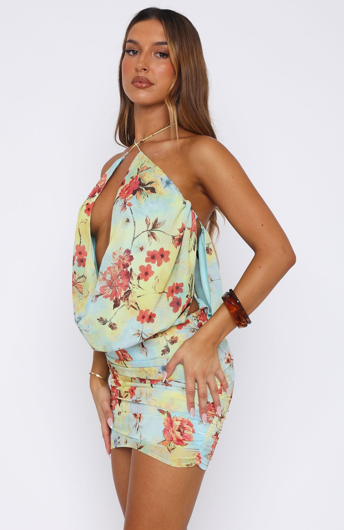 Silver Springs Halter Mini Dress with Adjustable Straps & Ruched Detail