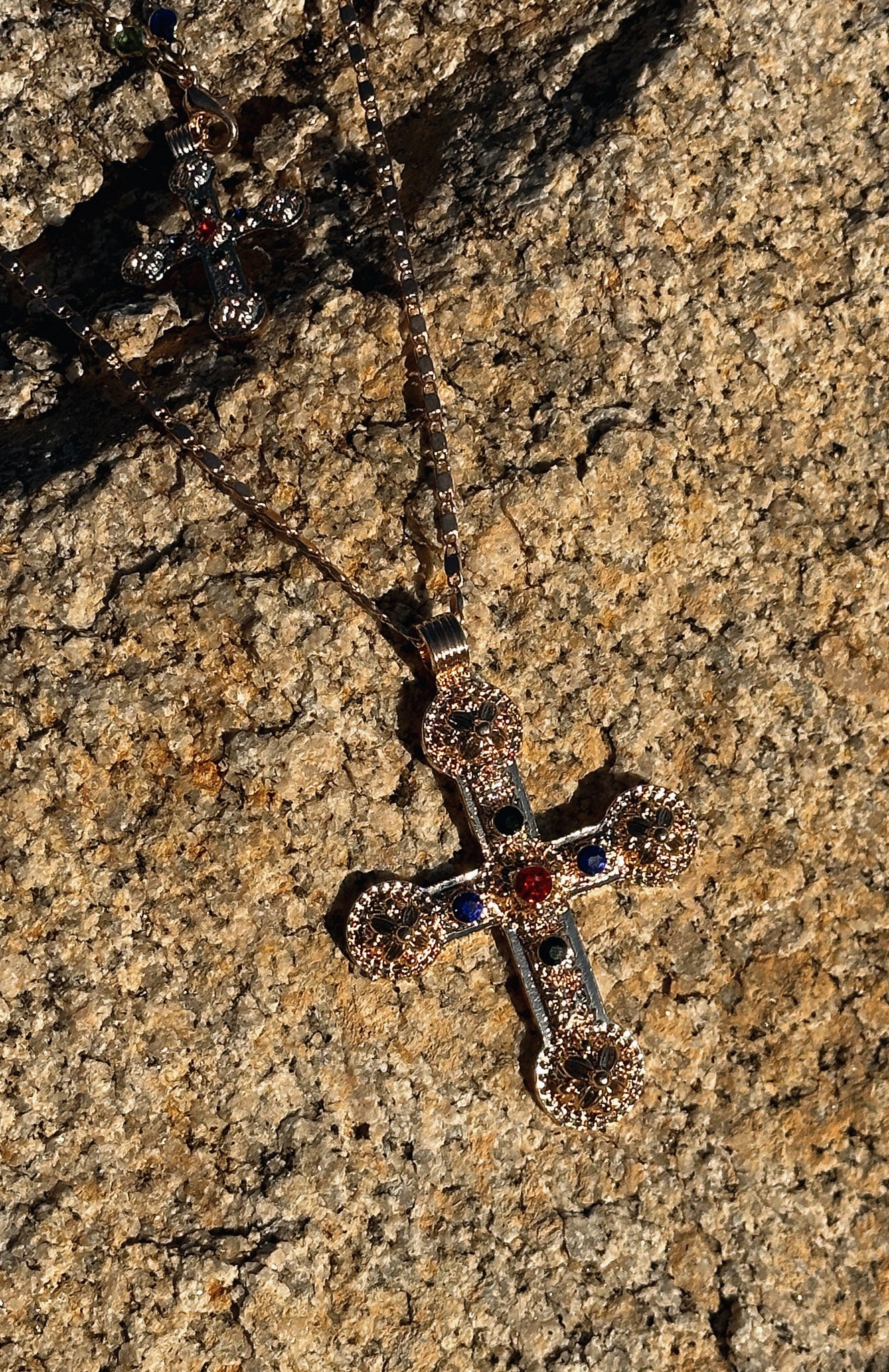 Mueller Gold Layered Cross Necklace with Rhinestones
