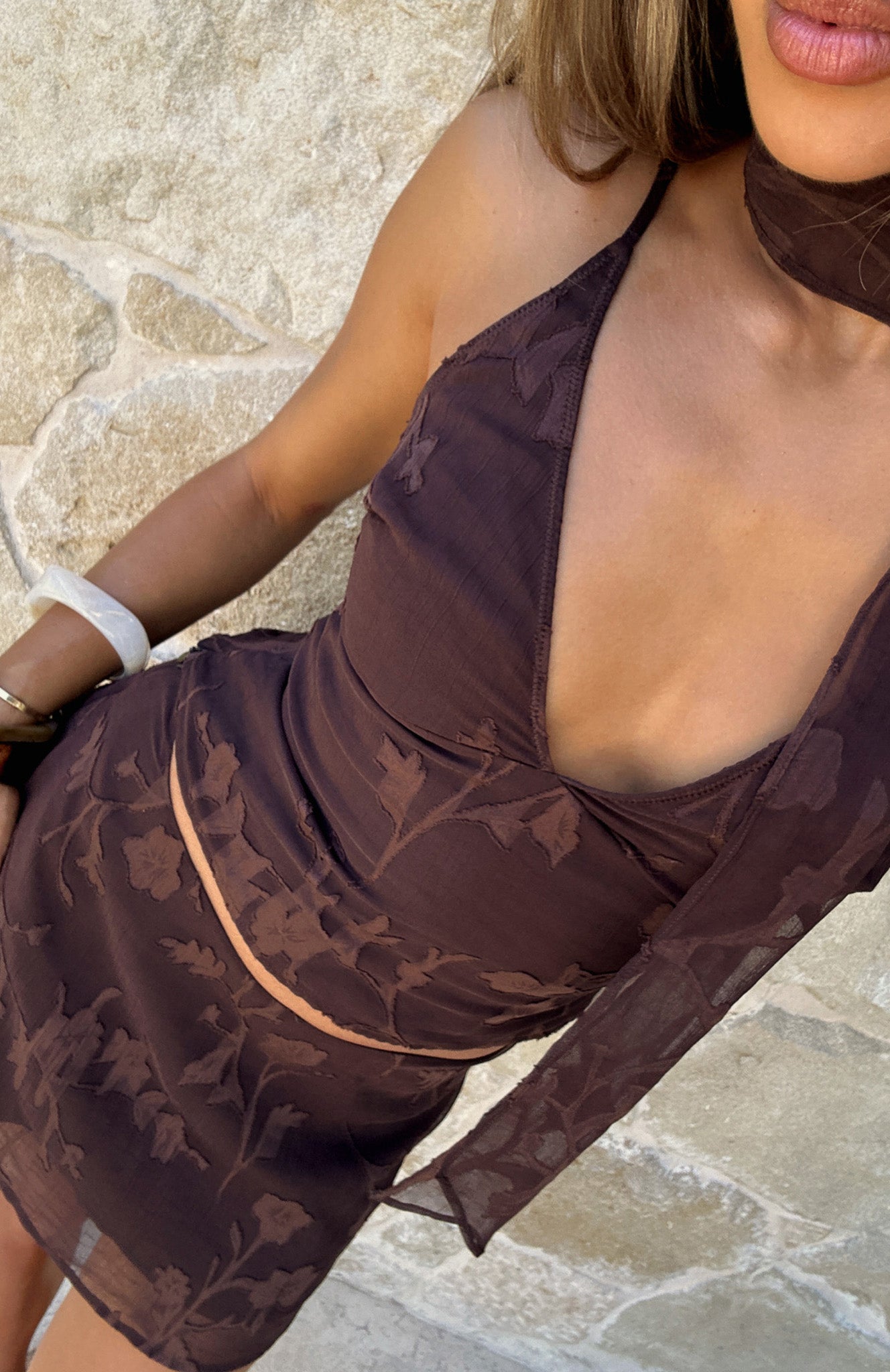 Summer Garden V-Neck Top with Scarf - Chocolate Polyester Blouse