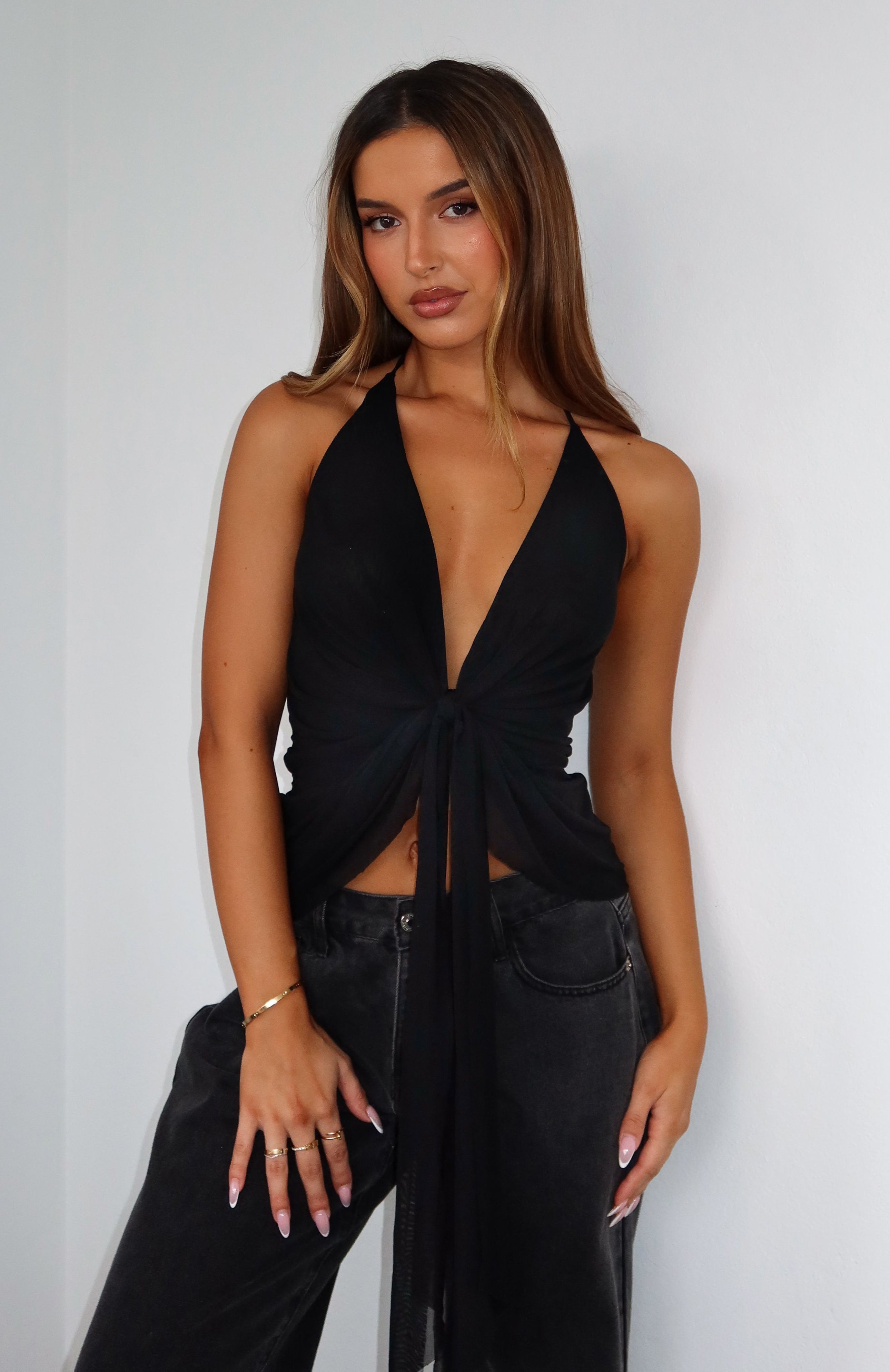 Siren's Touch Black Halter Top - Plunge Neckline & Backless Design